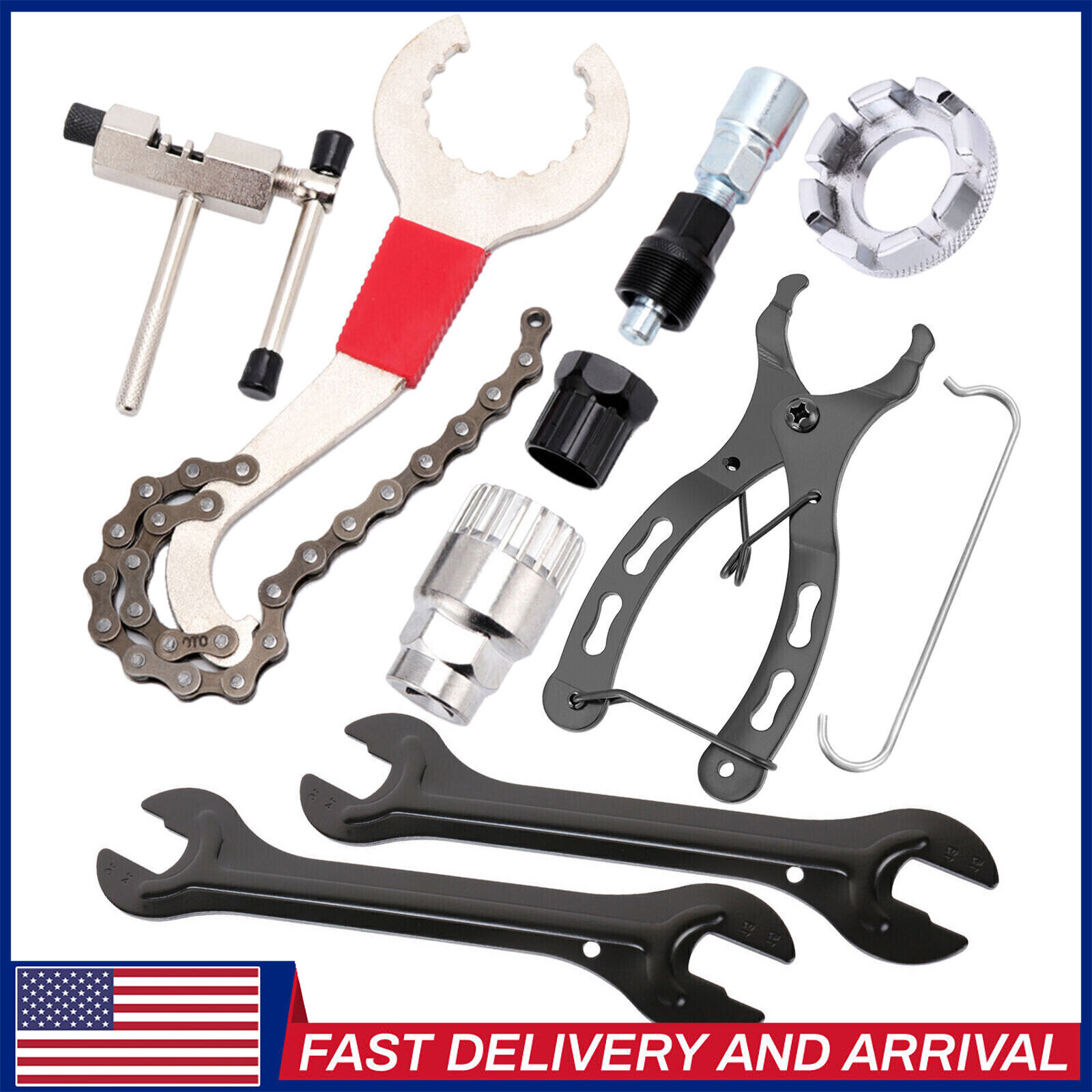 9Pcs Bike Repair Tool Kit Crank Chain Cutter Extractor Bracket Freewheel Puller