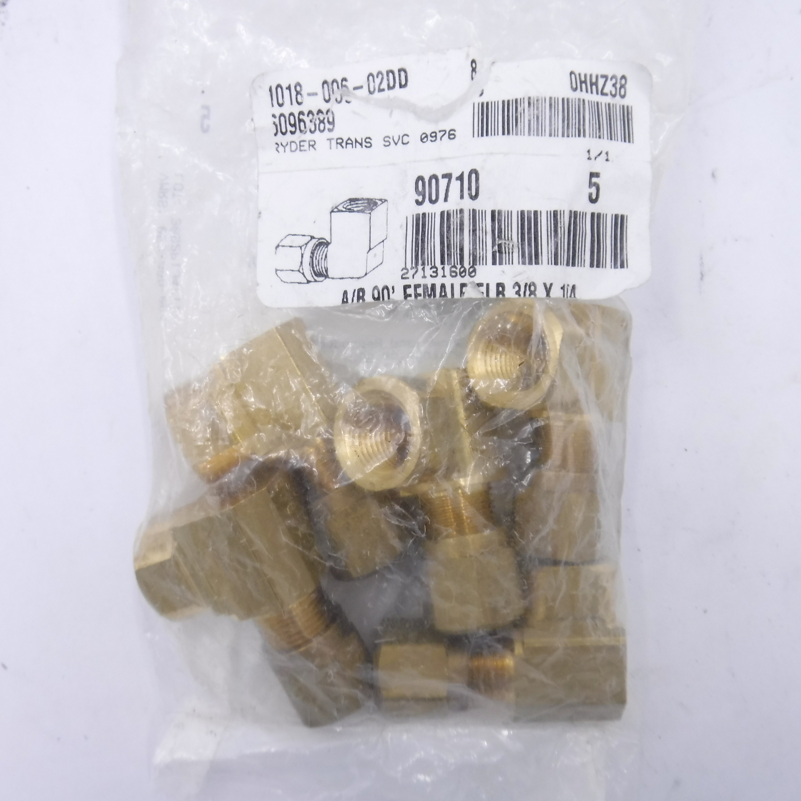 5 Pack 90° Female Elbow Compression Air Brake Fitting, Brass 3/8"x1/4"
