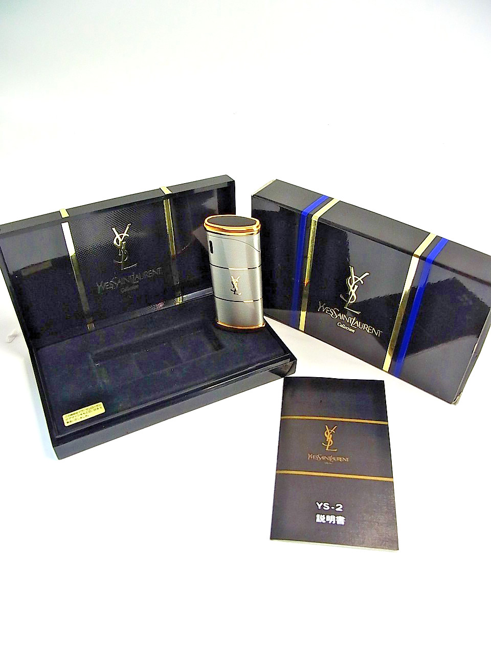 Working Yves Saint Laurent YSL Gas Lighter YSL Logo Silver Plated with Box Mint