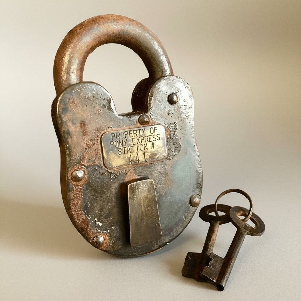 Pony Express 1860 Cast Iron Lock with Brass Tag & Keys — 3" x 5"