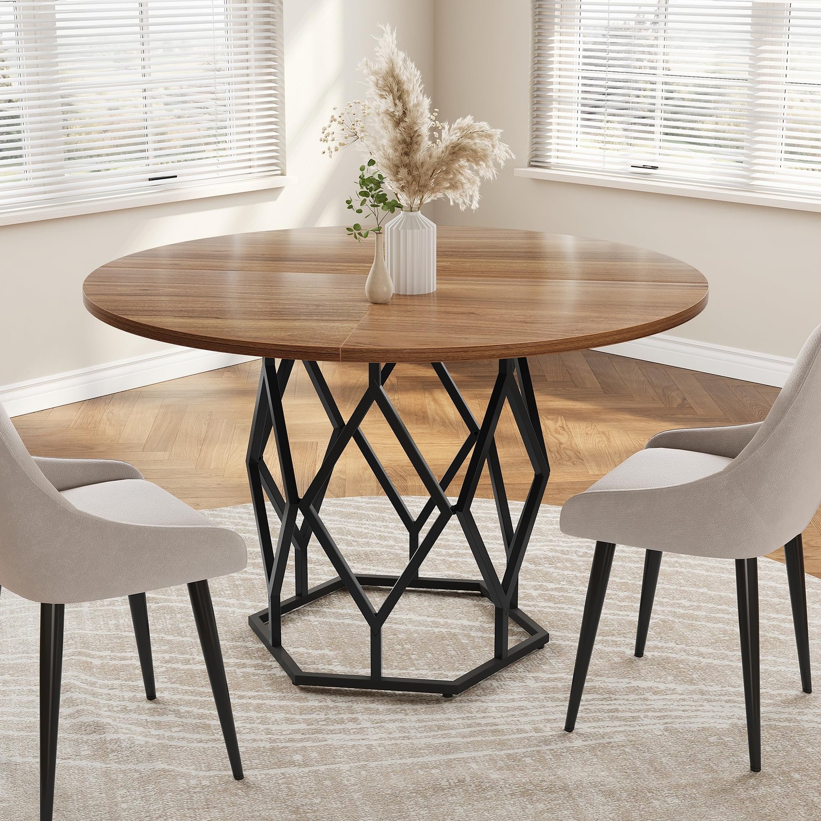 47'' Round Dining Table,Rust-Proof Metal Base, Stable Streamlined Design for 4-6