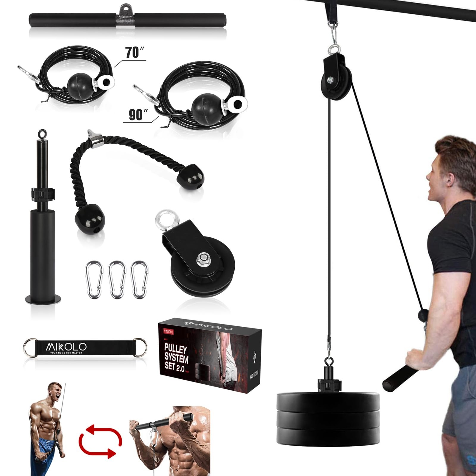 Mikolo Fitness LAT and Lift Pulley System, Dual Cable Large, Black