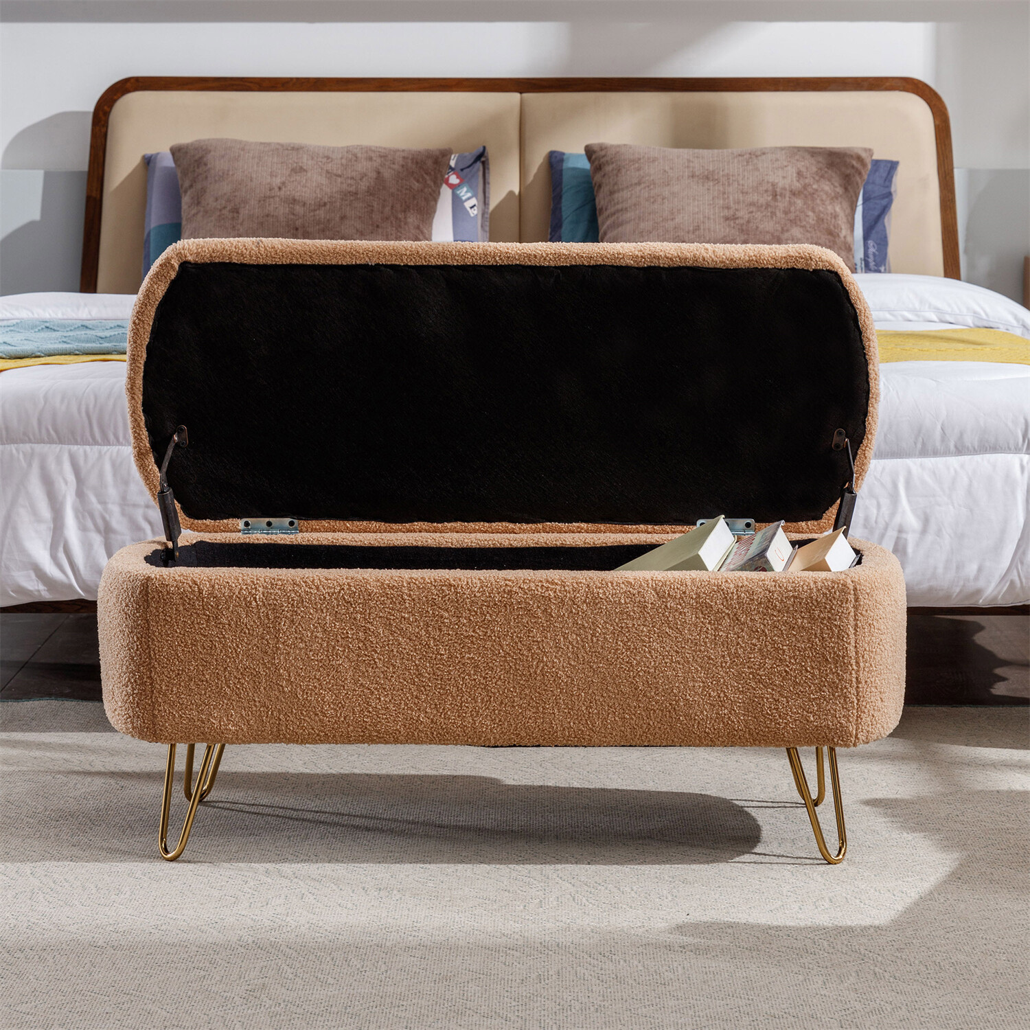 39in Storage Bench Faux Fur Upholstered Ottoman for End of Bed Footstools US