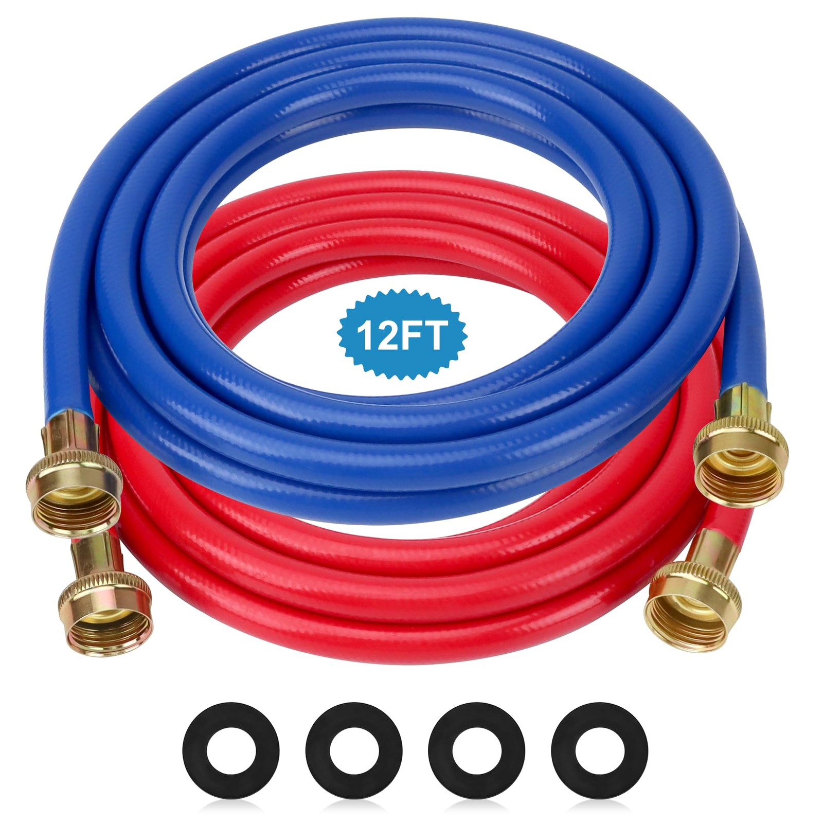 12 Ft Washer Hose Rubber Supply Lines Hot Cold Water 2 Pack Universal Fit