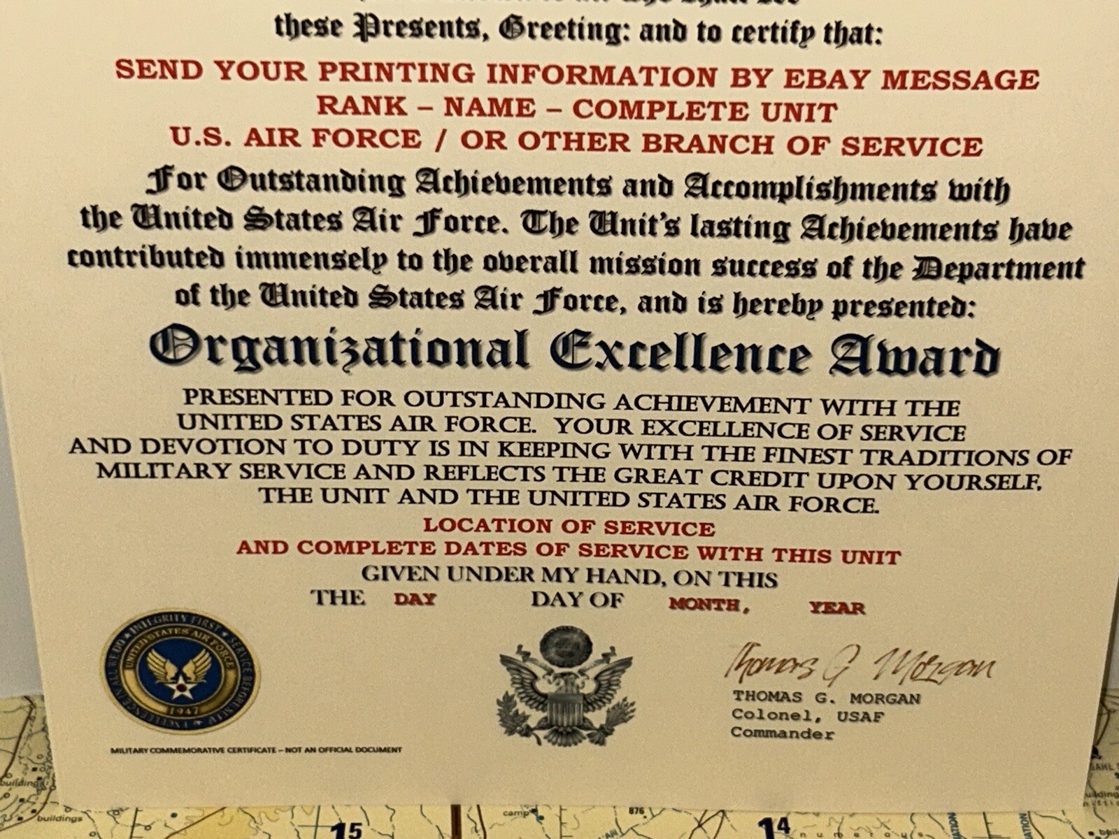 U.S. AIR FORCE / 19TH AIR FORCE - ORGANIZATIONAL EXCELLENCE AWARD CERTIFICATE