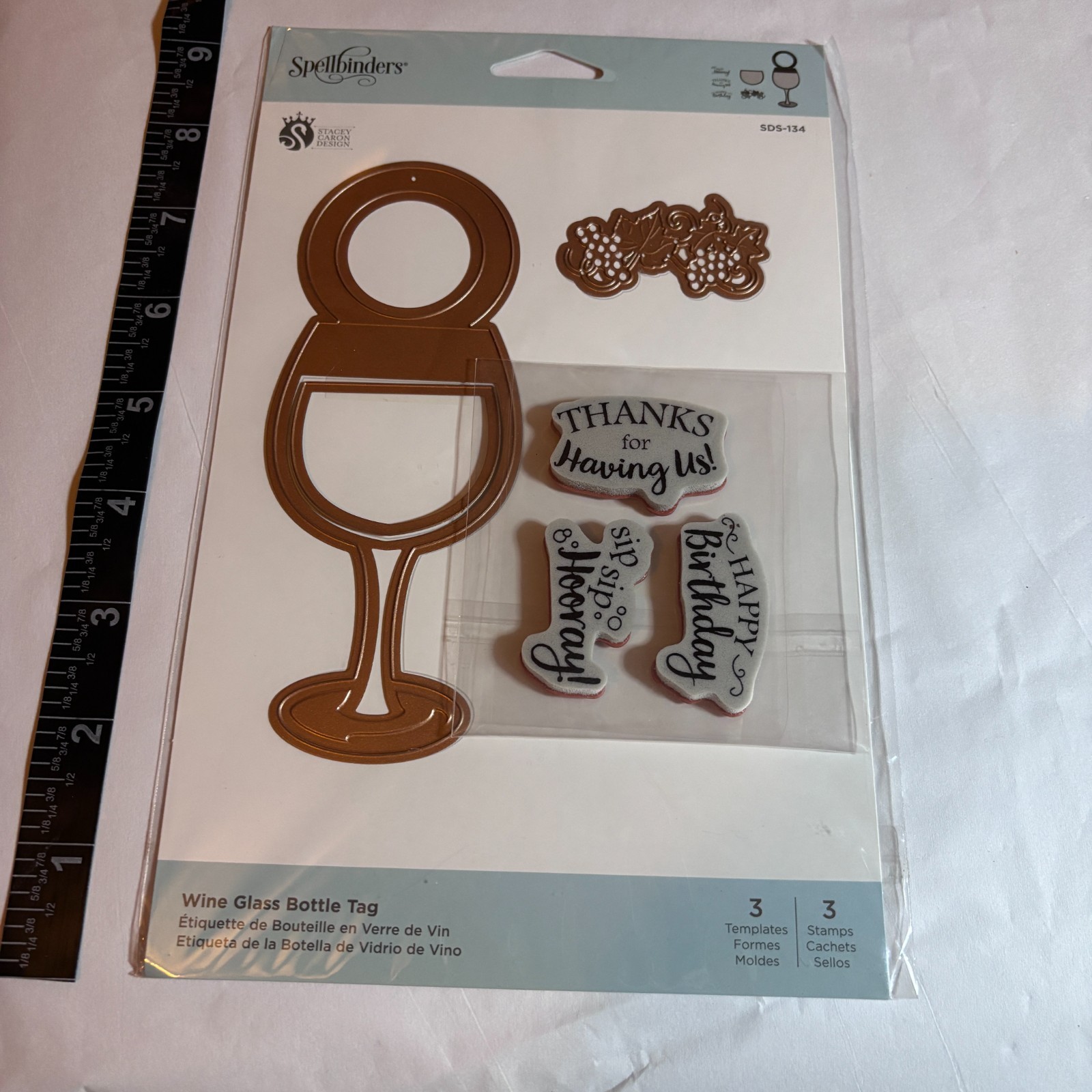 Spellbinders SDS-134 Wine Glass Bottle Tag Stamp & Die Set Stacey Caron New