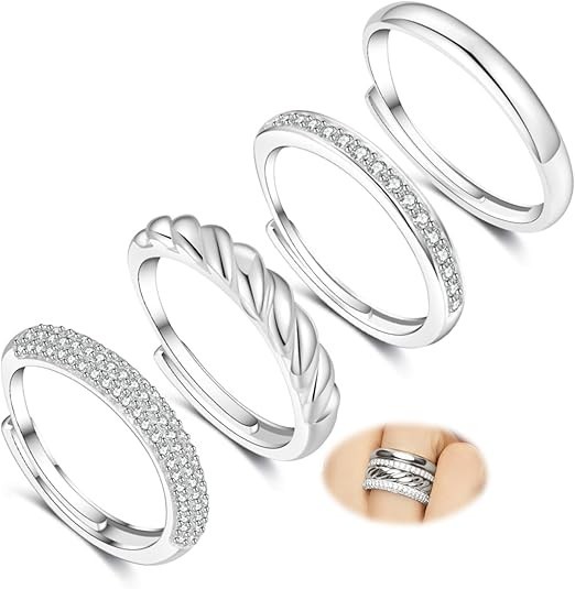 4 anillos apilables de plata para mujer, ajustables, gruesos y plateados para