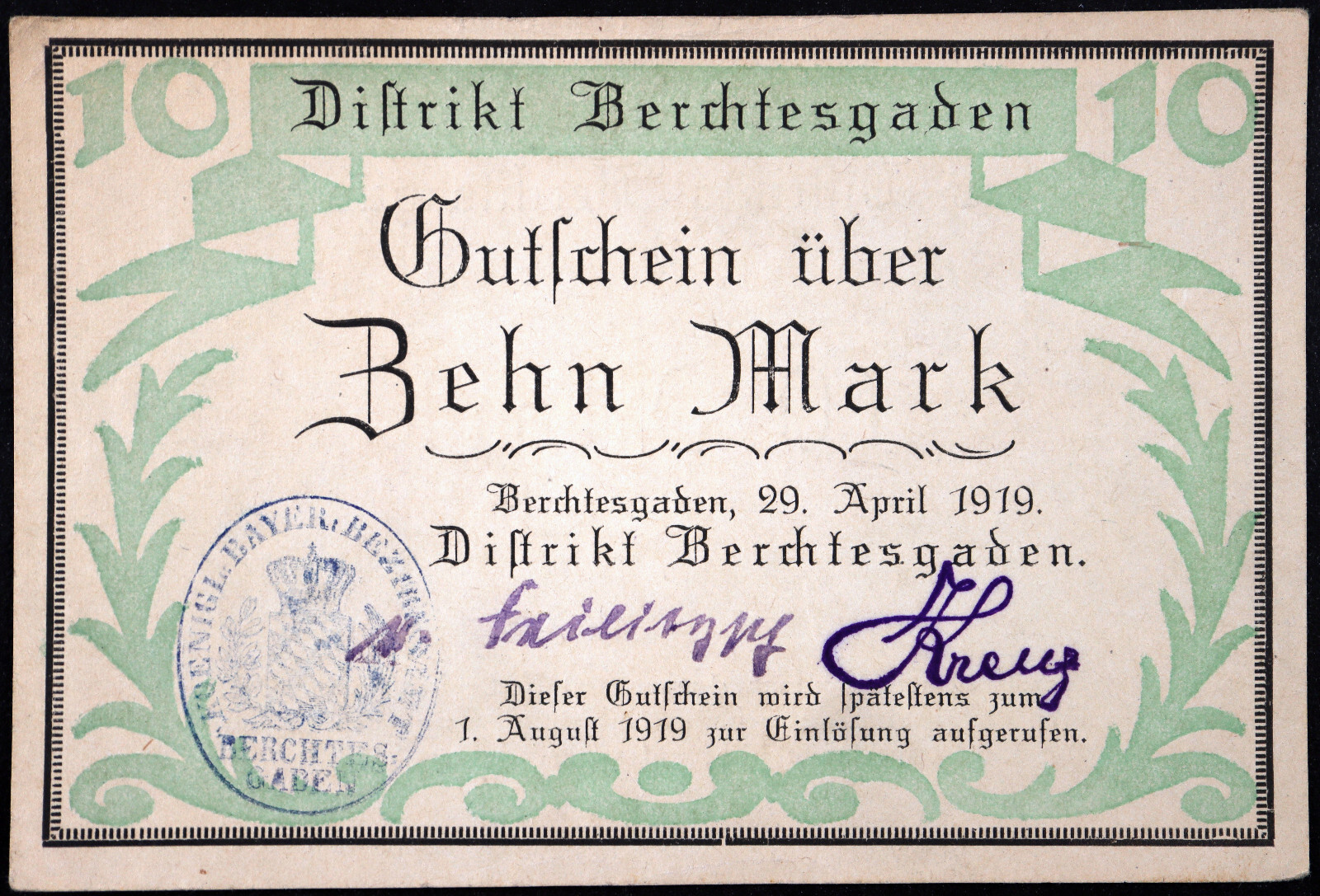 BERCHTESGADEN 1919 10 Mark Grossnotgeld German Notgeld Banknote