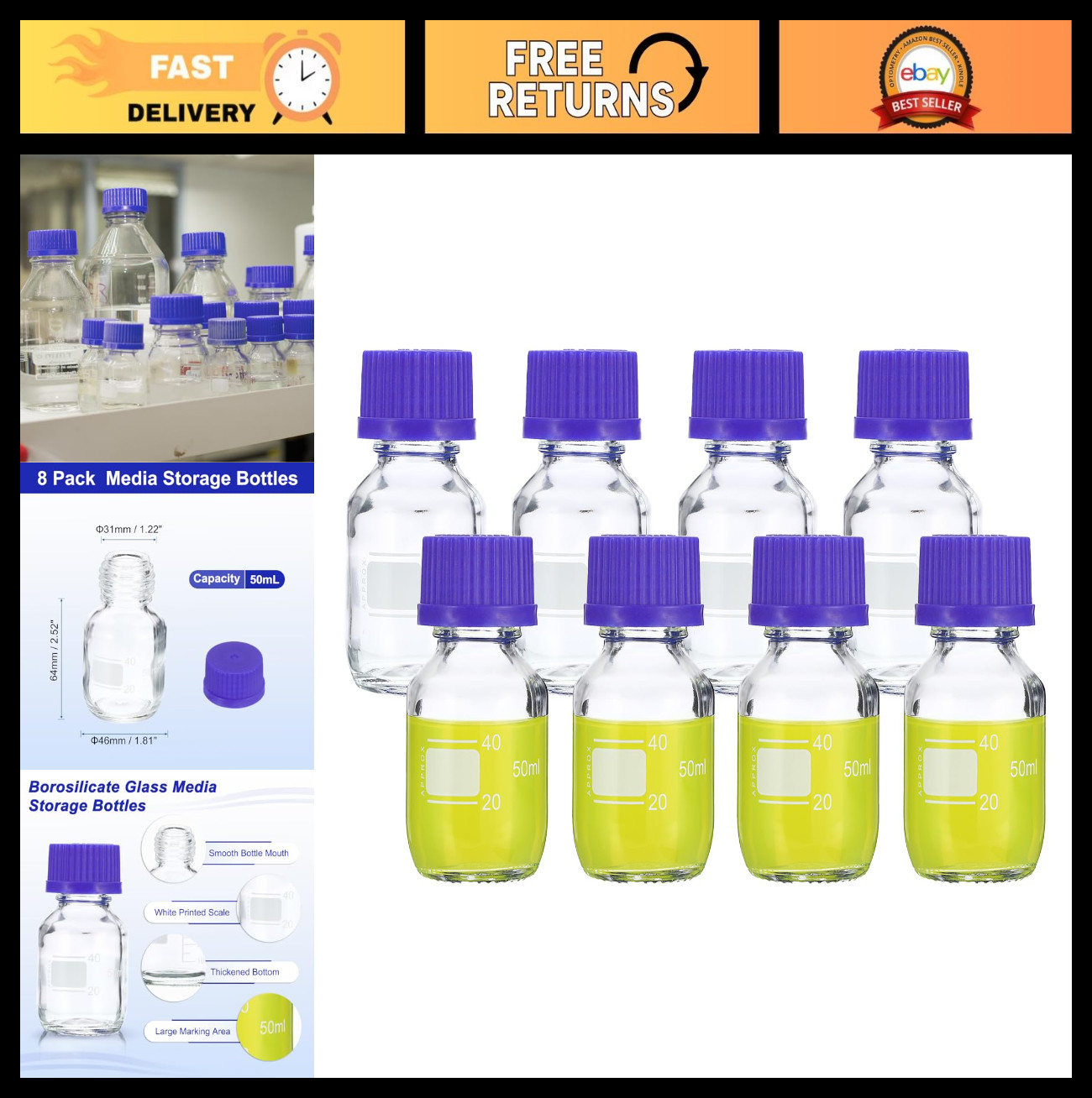 8 Pack 50ml Borosilicate Glass Storage Bottles with GL32 Blue Screw Cap - Lab Re