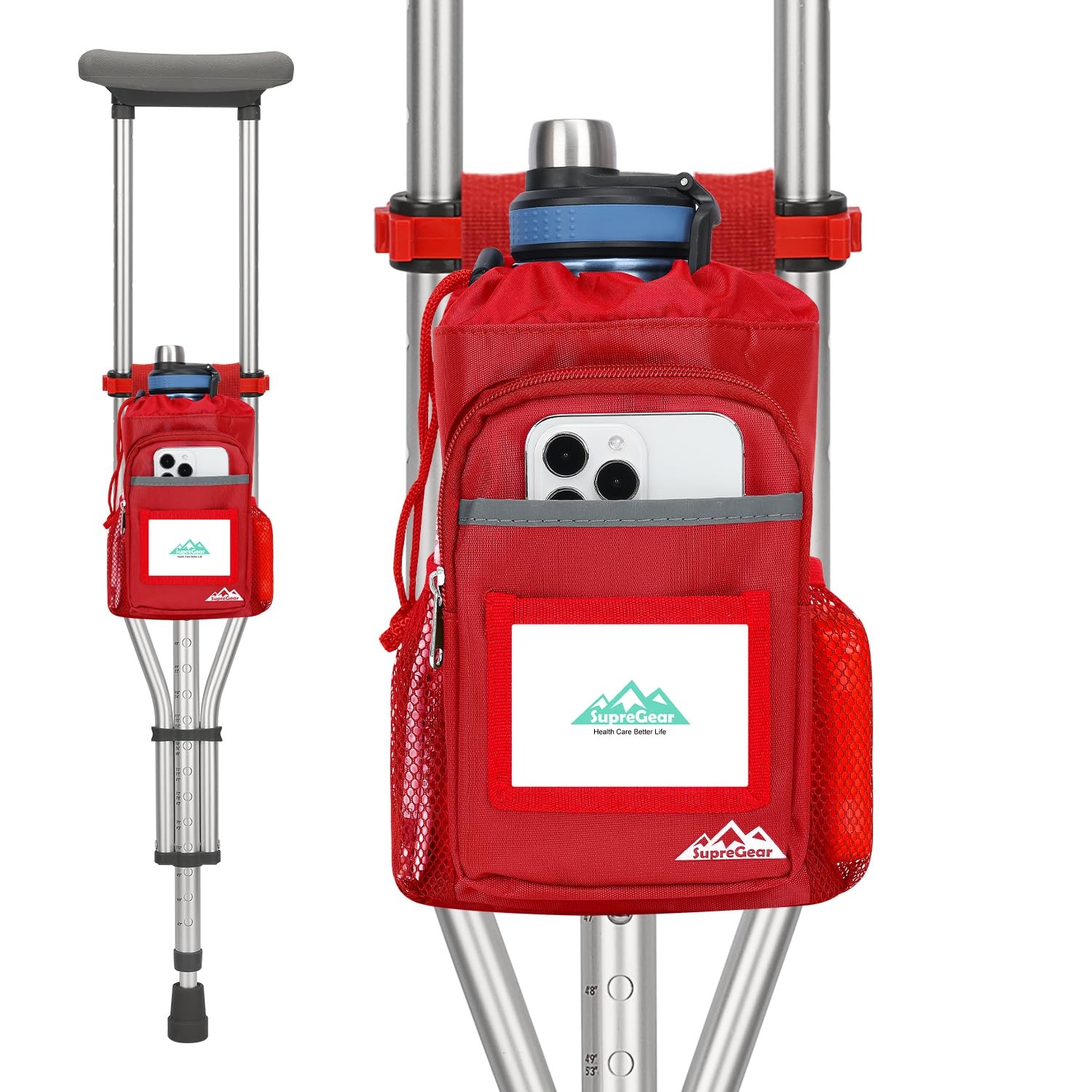 Crutch Accessories Bag, Water-Resistant Storage Pouch with Cup Holder and Mul...
