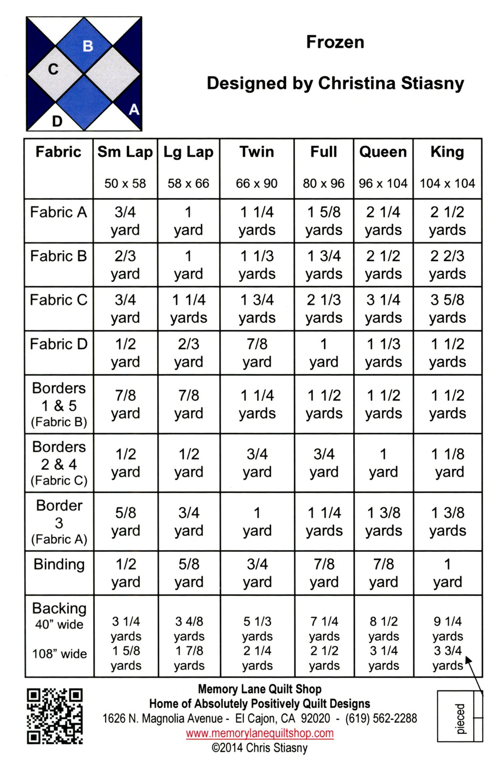 FROZEN Quilt Pattern, Absolutely Positively Quilt Designs, 6 sizes APQD169