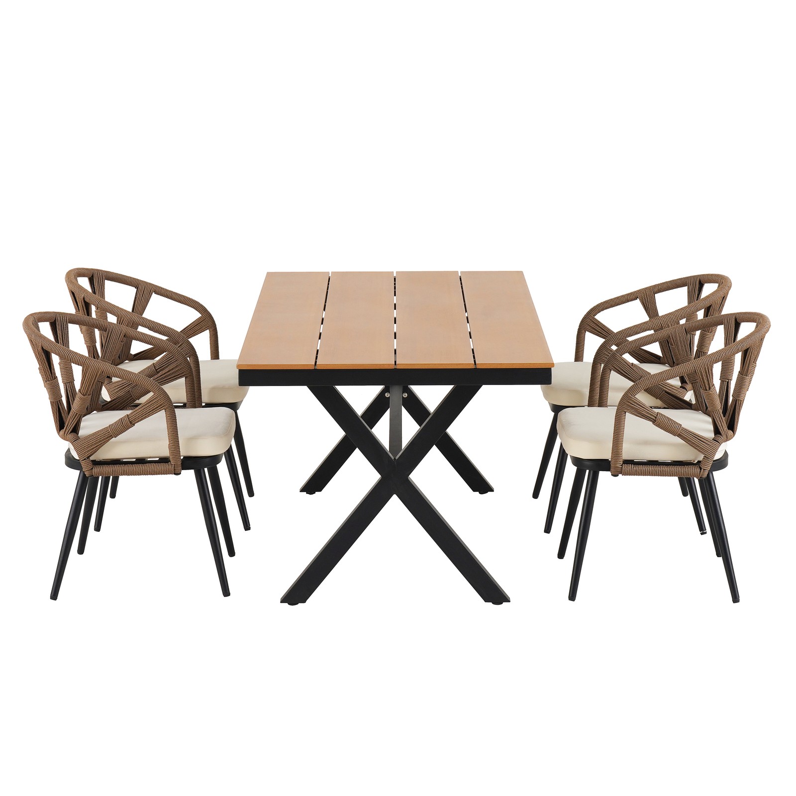4-Piece Outdoor Patio Furniture Set with PE Rattan Chairs and Plastic Wood Table