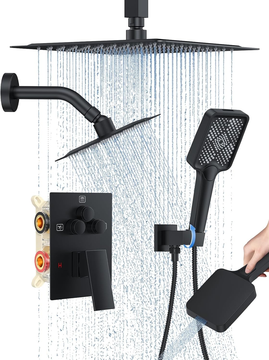 Shower Faucet Set, 10" Ceiling Mount Rainfall Shower System with 2 Rain Shower