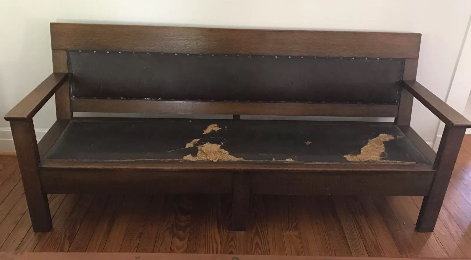 STICKLEY Mission Leather And Wood Bench Original Horse Hair filling! Rare!!