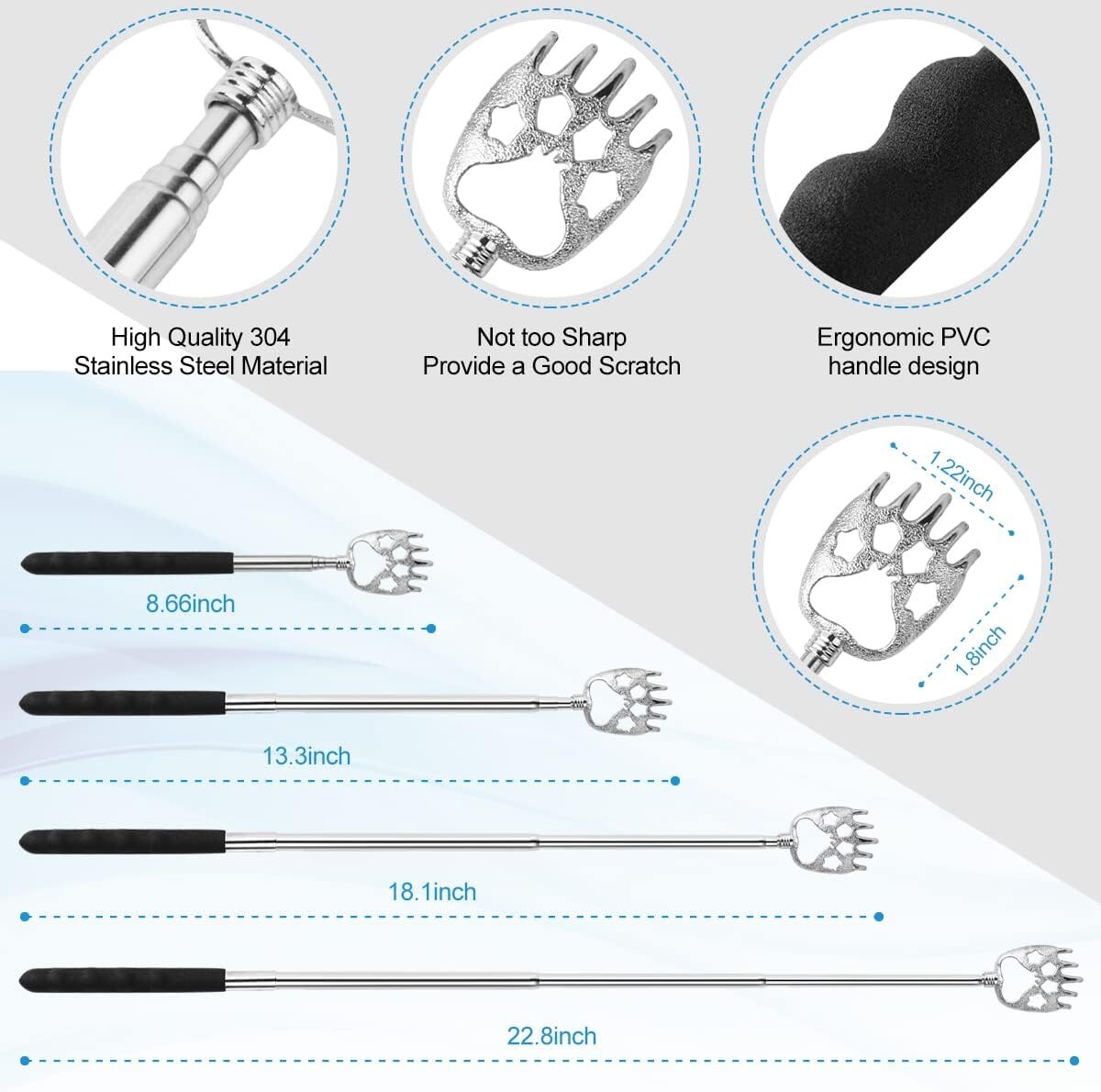 3 Pack Metal Portable Telescoping Back Scratchers with Rubber Handles