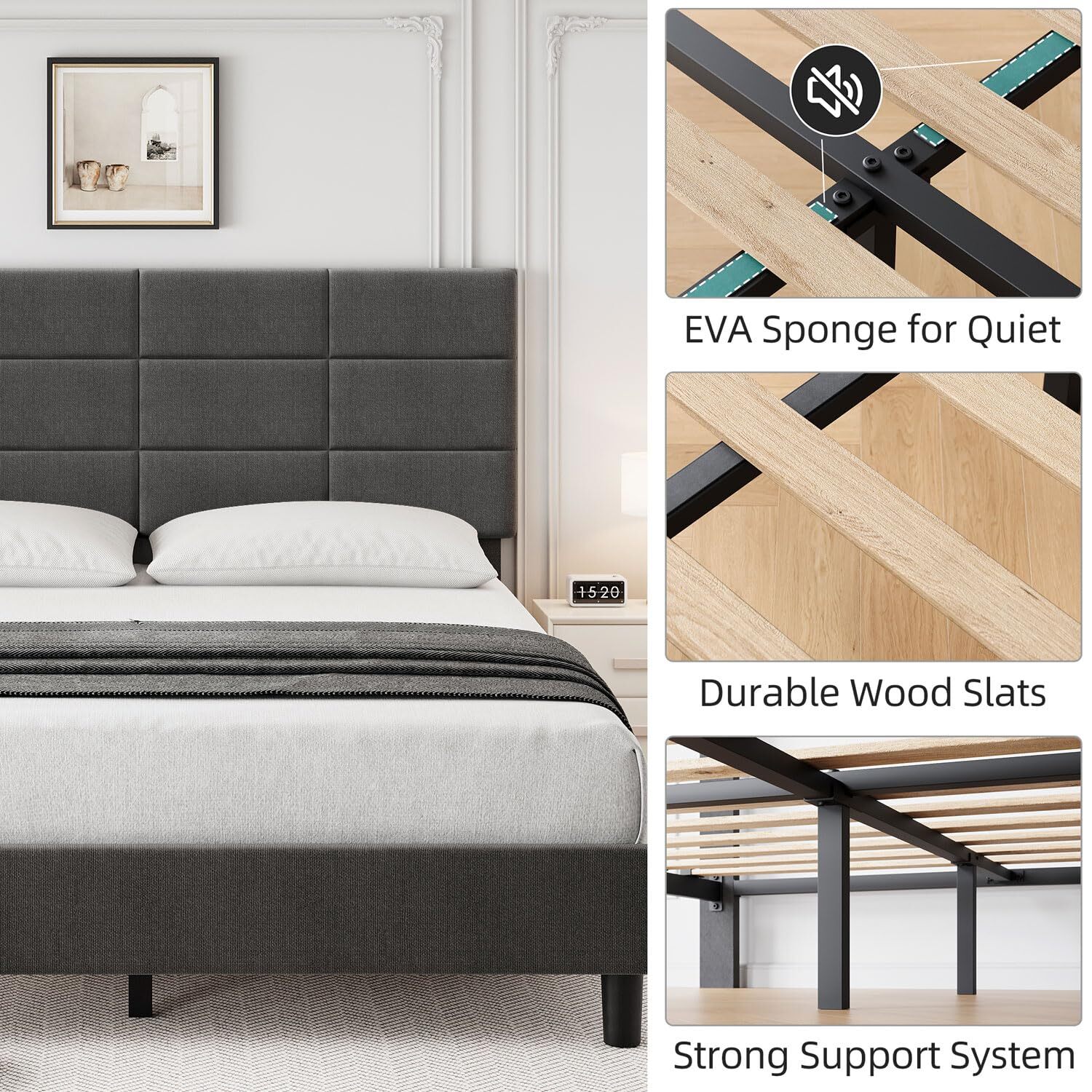 Full Size Bed Frame Headboard ,Modern Upholstered Platform Bed Frame Wood Slats