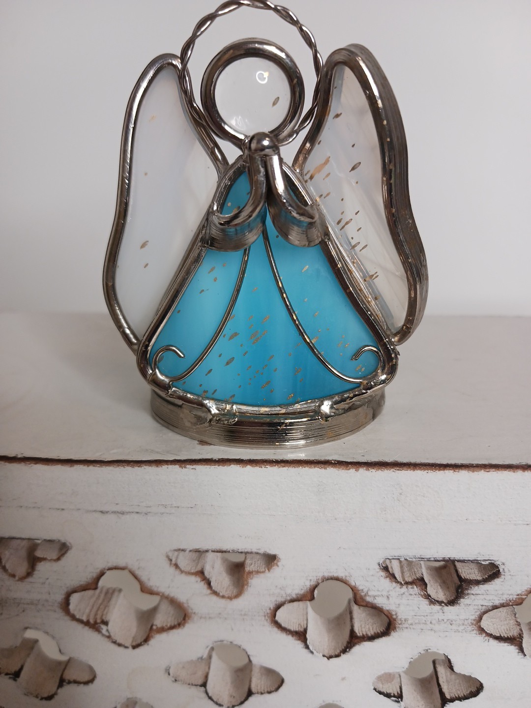 Stained Glass Handmade Angel Blue White Tapered Candle Holidays Religious Sunca