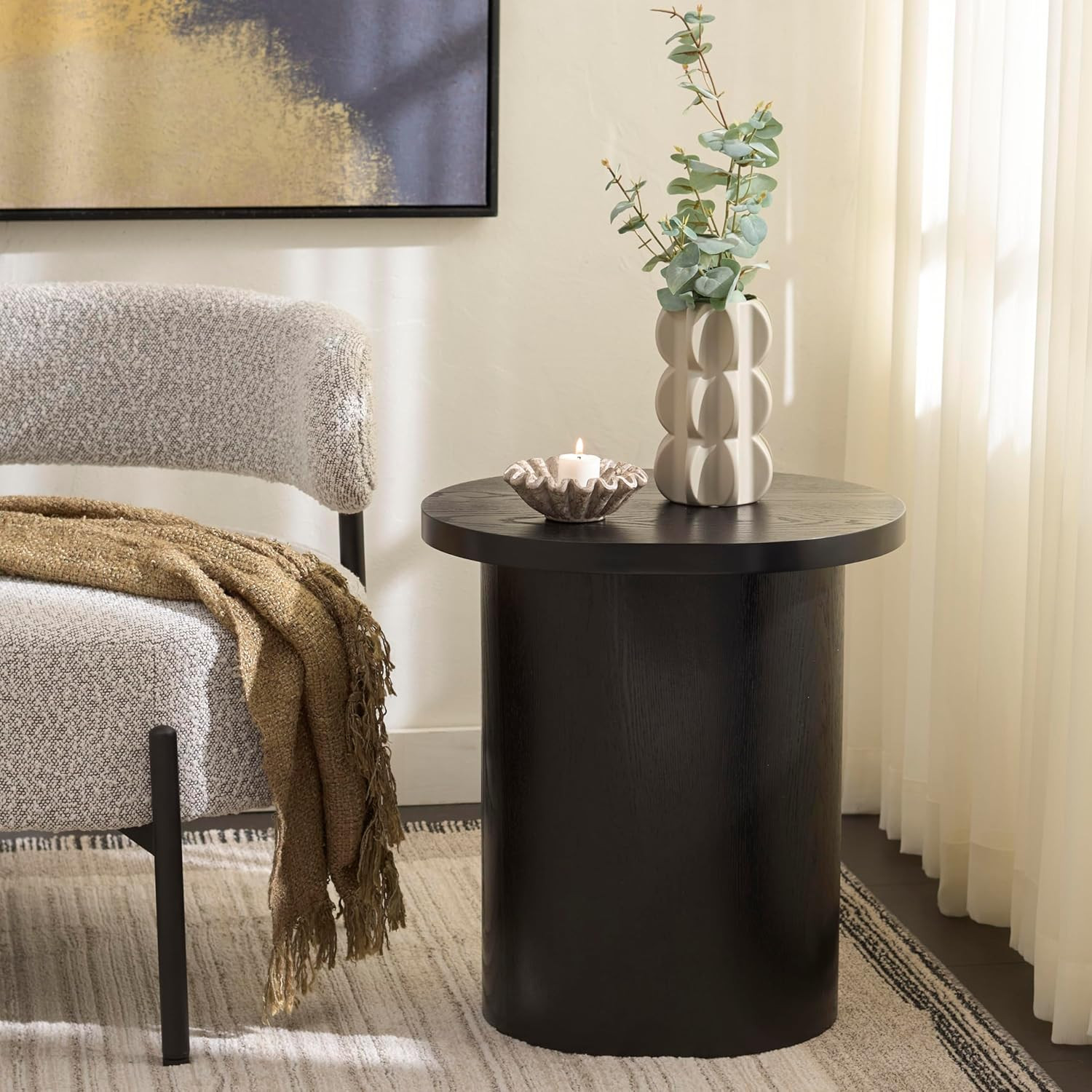 Modern Black Ekon Round Pedestal End Table - Fully Assembled by