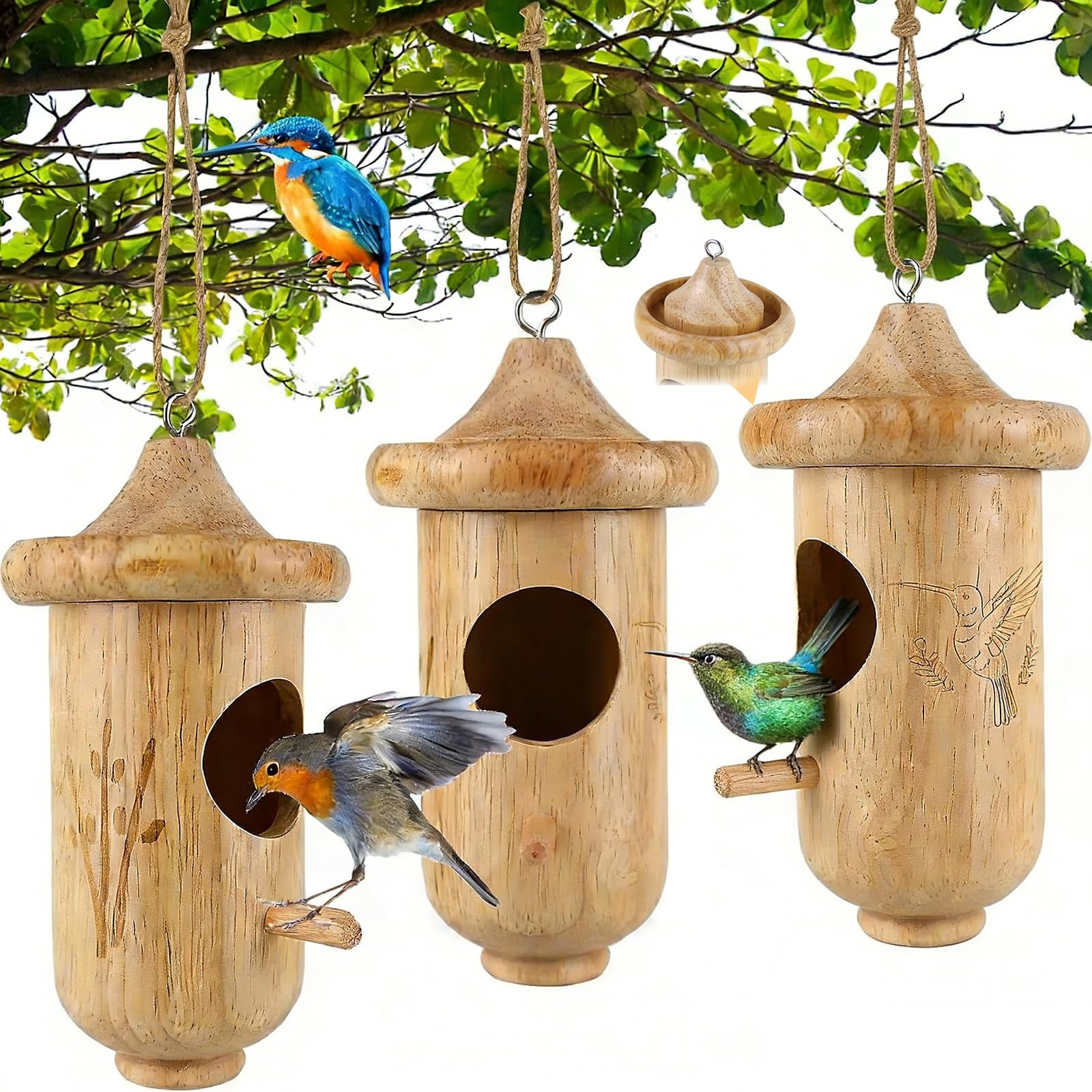 Hummingbird House for Outside Hanging, Small Wooden KGH1, Natural color