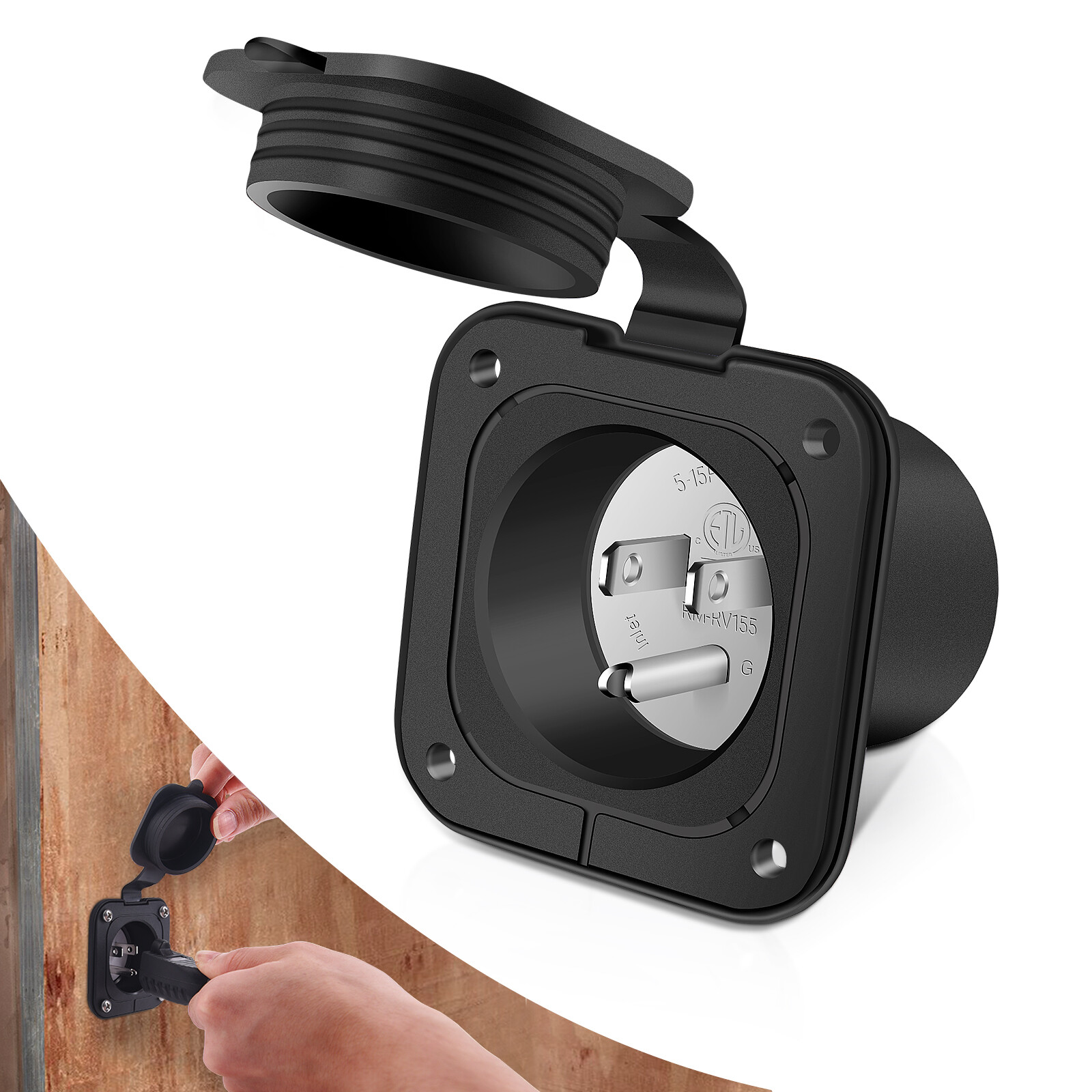 125V 15A Flanged Power Inlet Receptacle NEMA 5-15P AC Port Plug for RV Boat Camp