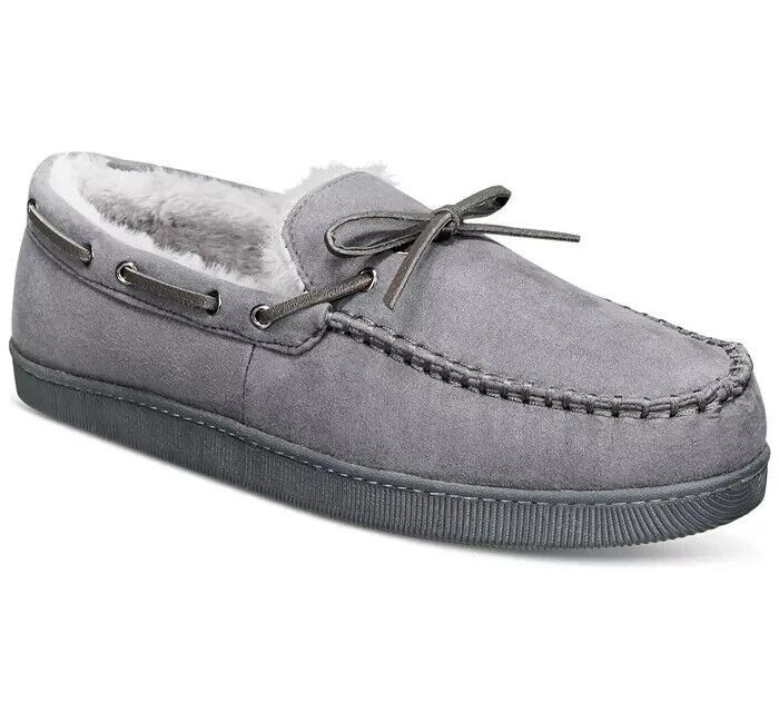 New Mens Club Room Gray Metal Eyelet Slip-On Moccasin Slippers Shoes S 6 - 7