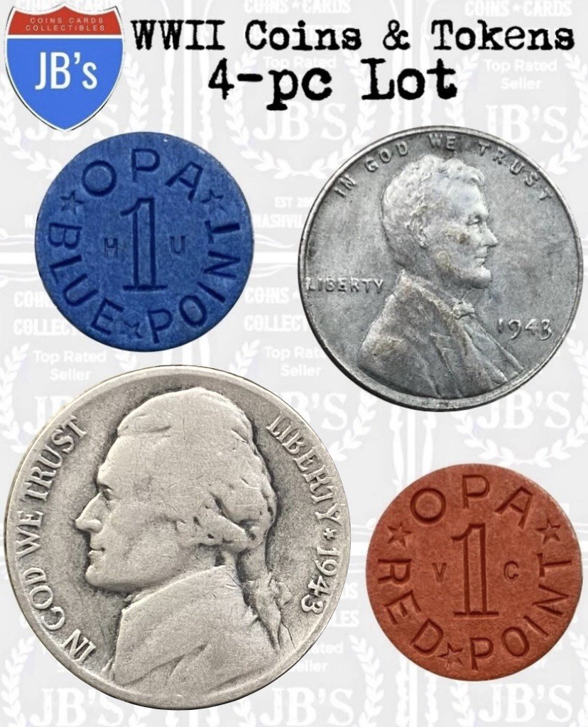 WWII 1943 Steel Cent, 1943 Silver War Nickel, OPA Food Ration Tokens World War 2