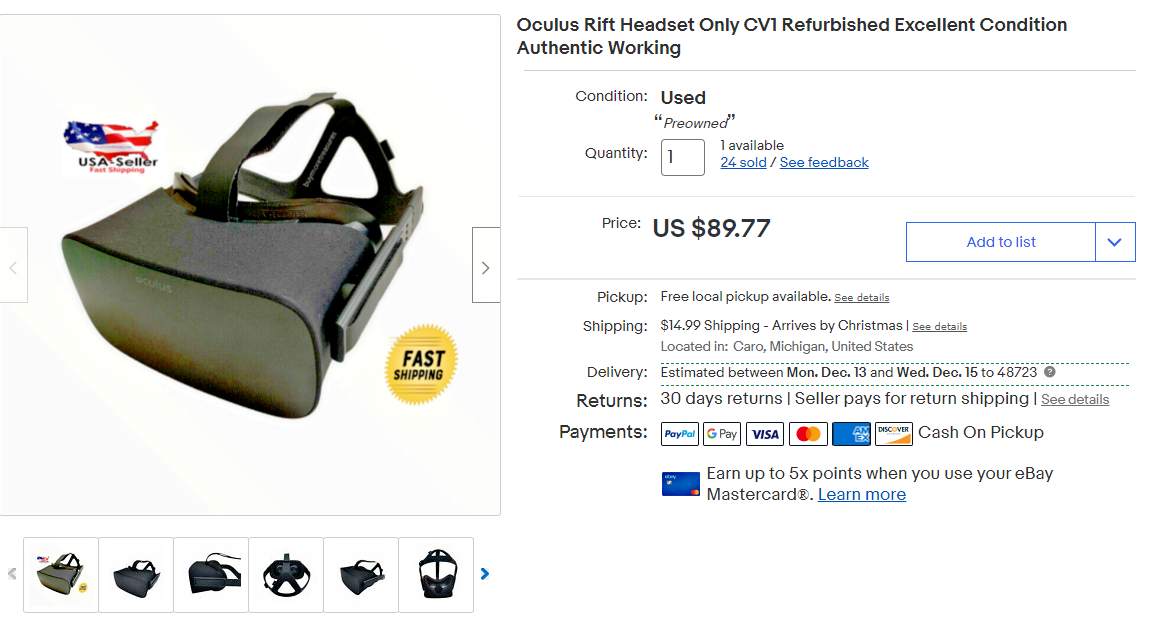 Rift CV-1 Headset Only Meta Oculus Tested Good Working Condition Without Cable *