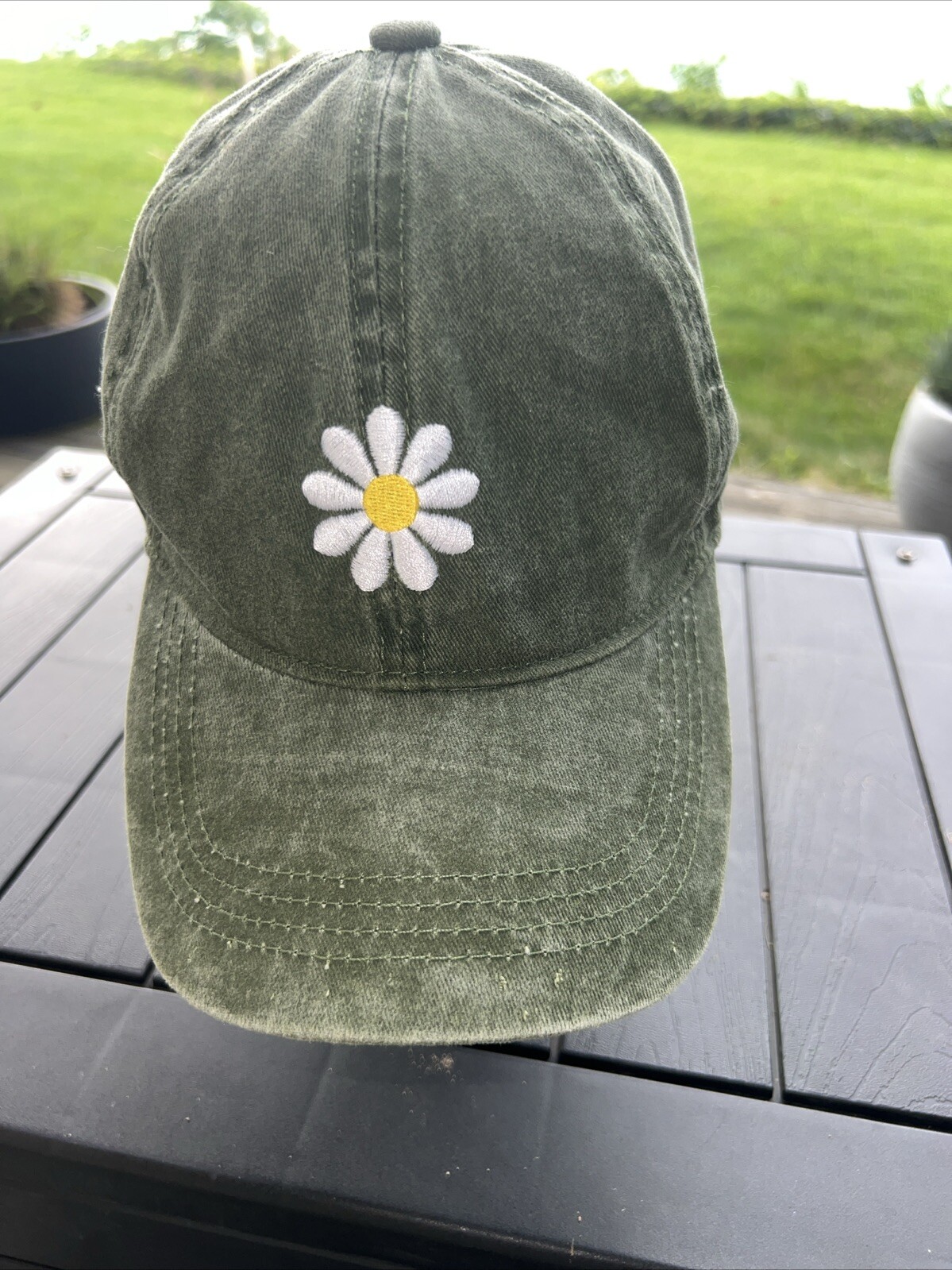 Daisy in White w Yellow Center Embroidered Green Hat Cap Cotton Strap Buckle