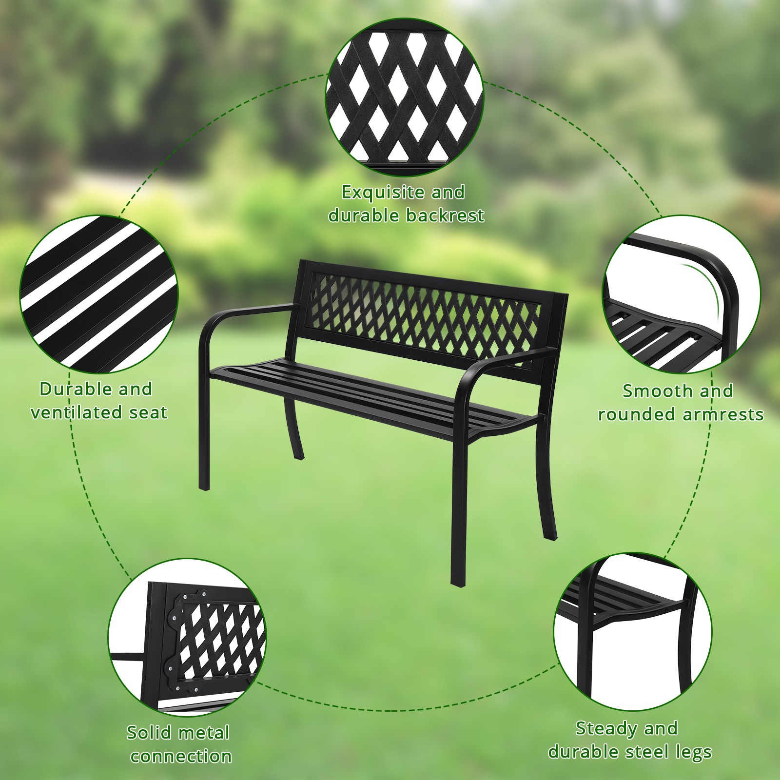 47" Black PVC & Iron Bench w/ Mesh Backrest, Outdoor Durable Seating