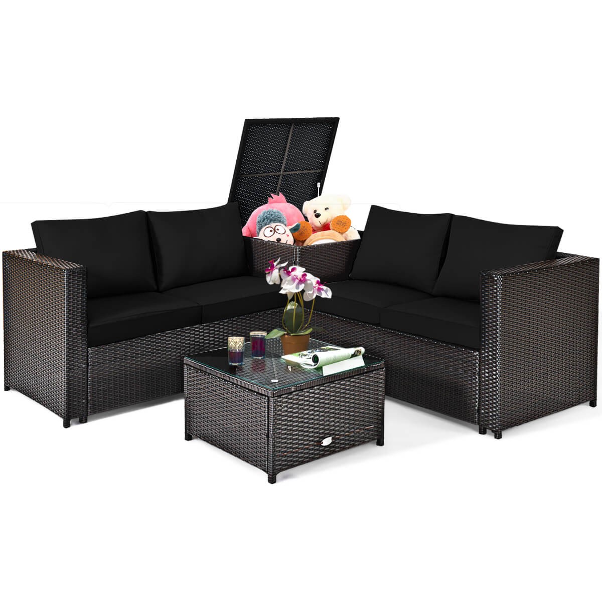 4PCS Outdoor Patio Rattan Furniture Set Cushioned Loveseat Storage Table Navy