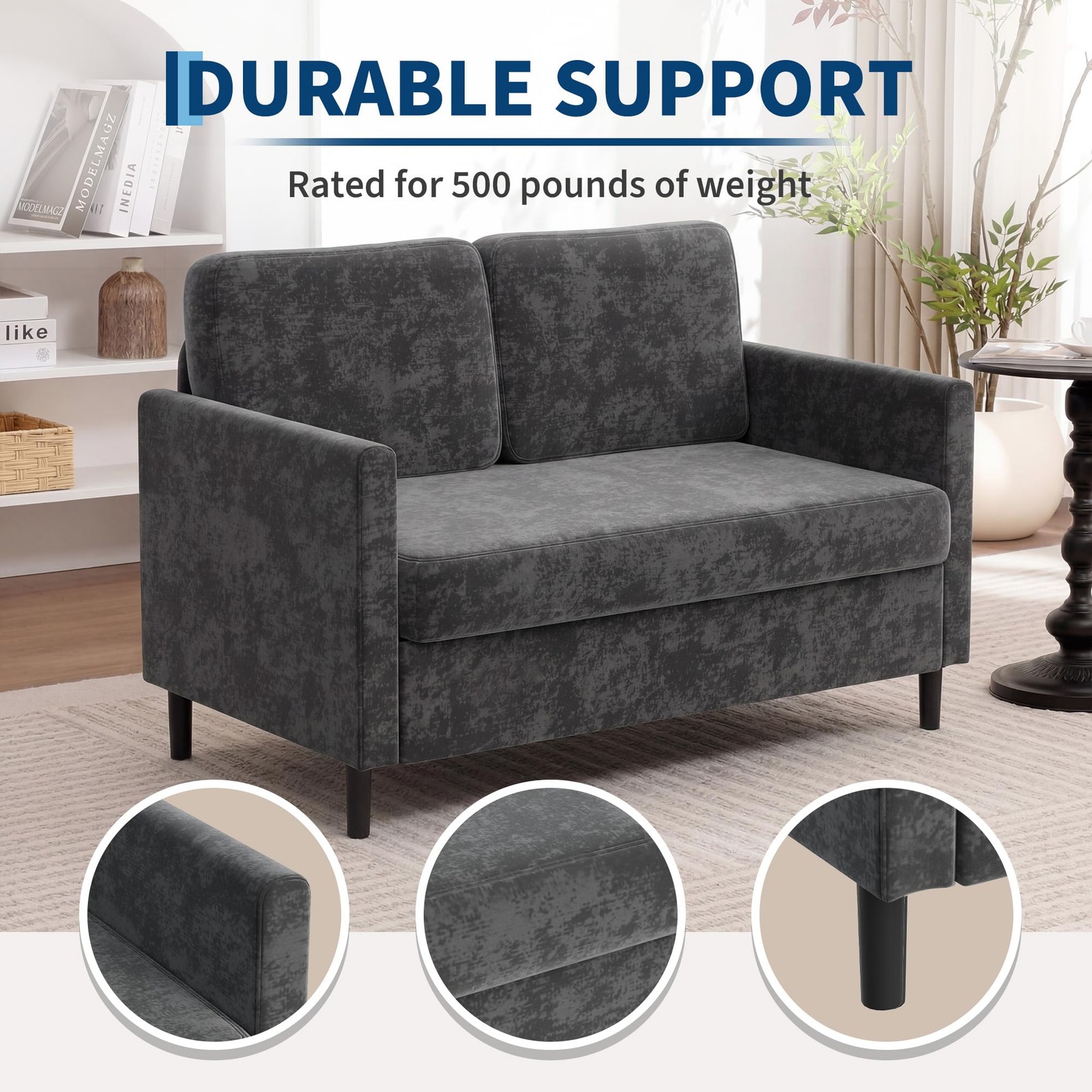 2-Seater Loveseat Sofa Compact Faux Linen Couch Wide Back Easy Assembly Home