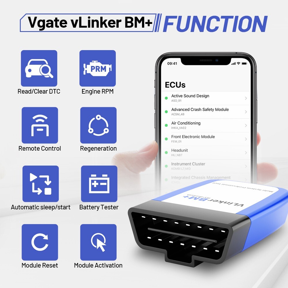 Vgate vLinker BM+ ELM327 OBD2 Diagnostic Scanner Tool BIMMERCODE For IOS Android