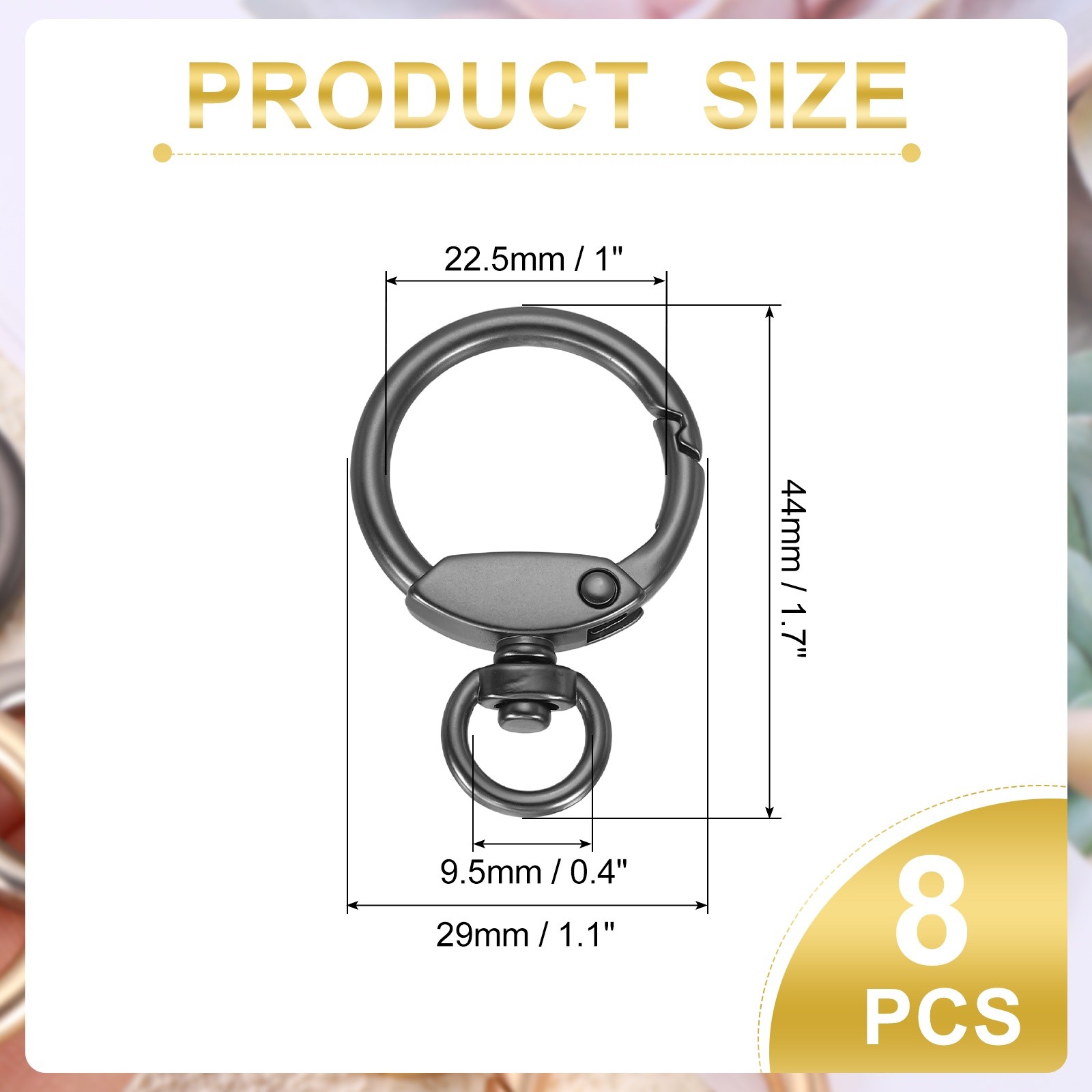 8Pcs Round Spring Snap Hooks 1" O Rings Buckle Matte Dark Grey