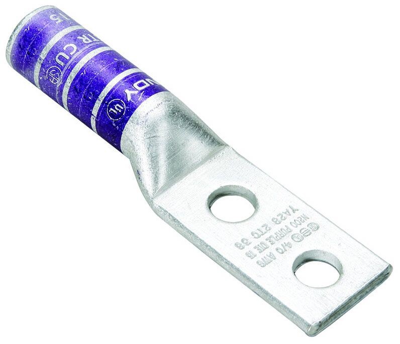 Burndy YA282N, Compression Cable Lug, 4/0 Cu 2-Hole Long 1/2, 1 PC