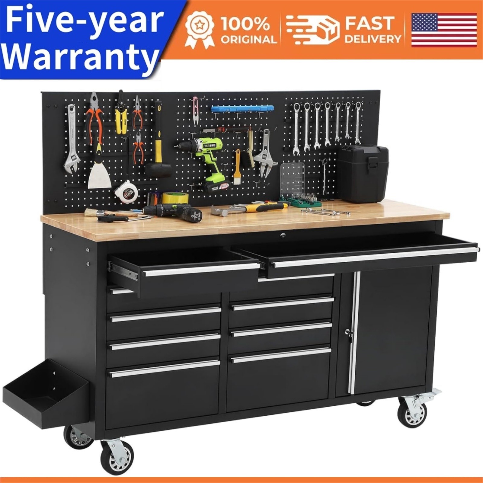 🔥Tool Chest 61” Work Bench with 10 Drawers Rolling Tool Chest W/Rubber Wood Top