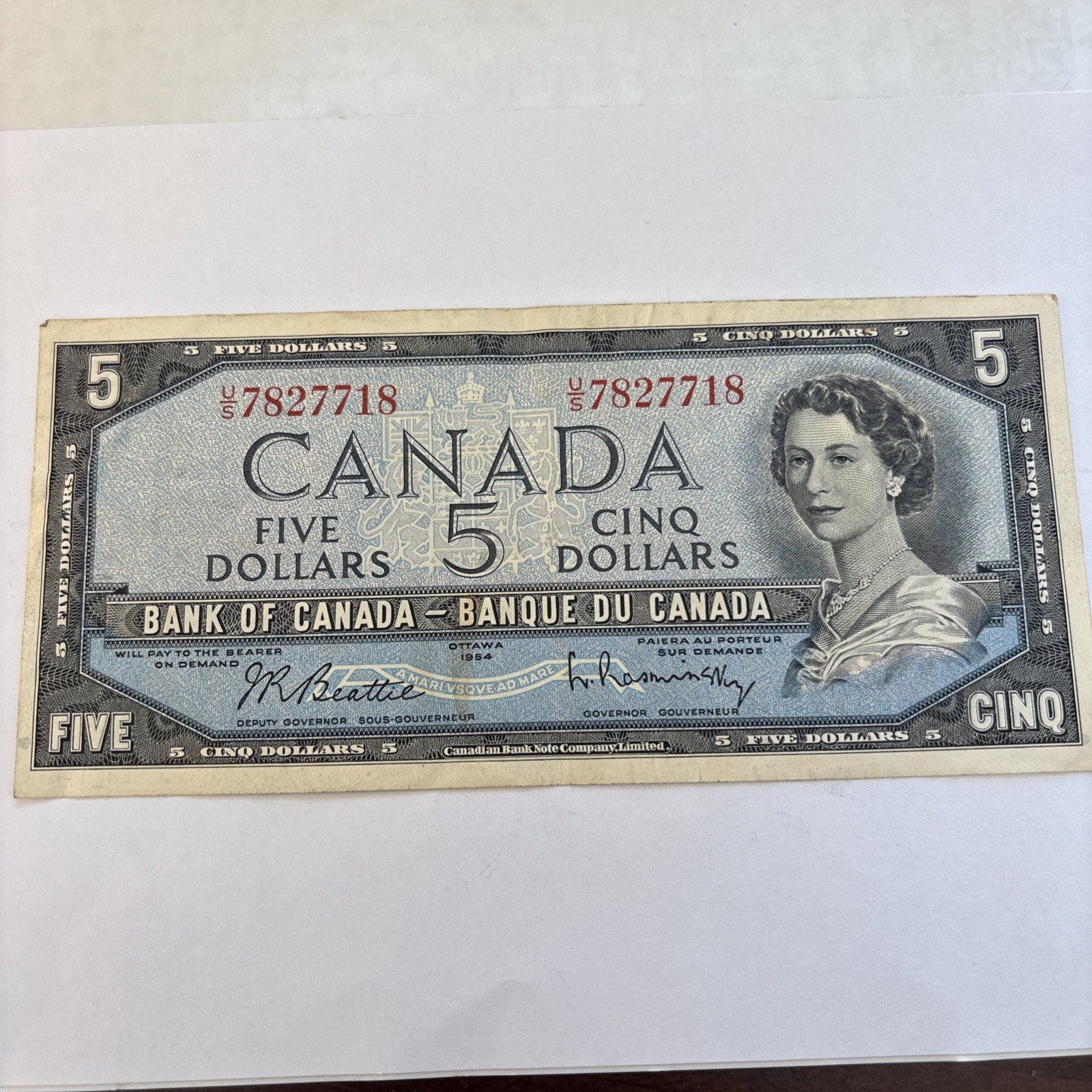 Canada 1954 $5 Five Dollar U/S Serial - Crisp
