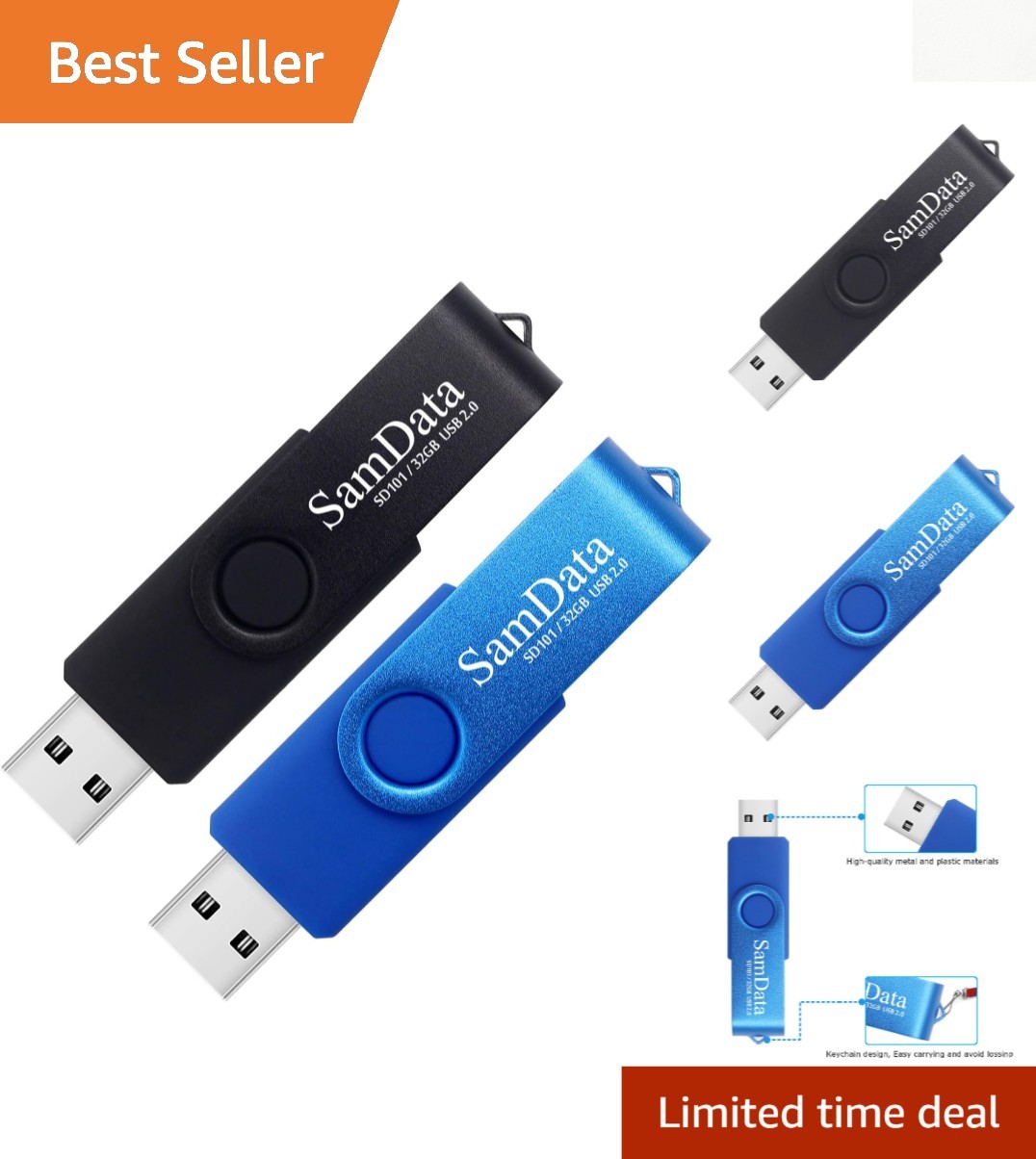 Dual Pack of 32GB USB Flash Drives with Capless Design and LED Status Light