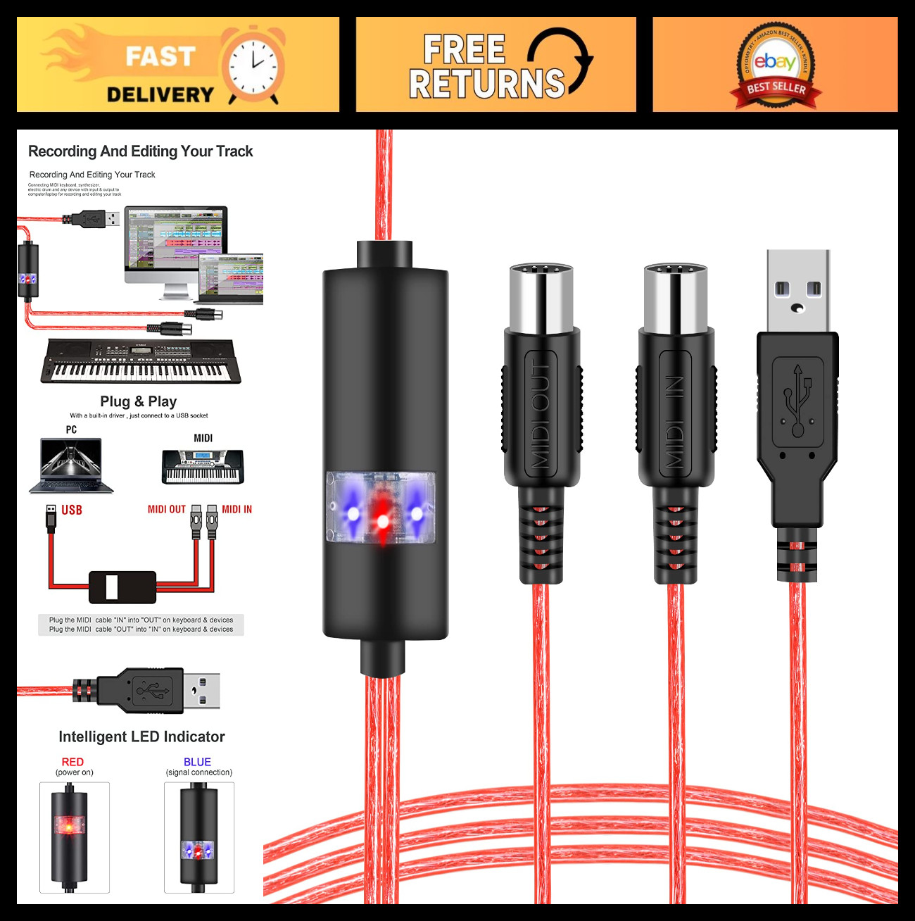 Professional USB MIDI Cable Adapter - 2M MIDI to USB Converter for Keyboard, PC/