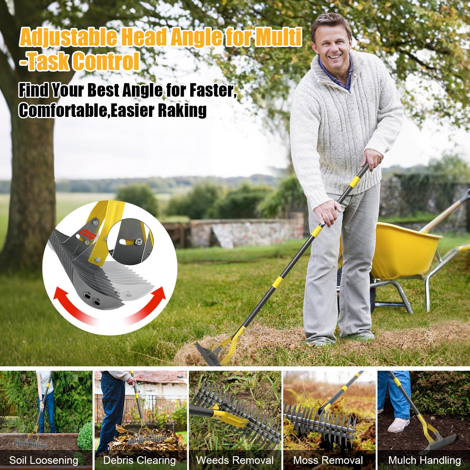 Dual-Action Thatch Rake for Lawn - Efficient 15" Thatching Rake with Sharp De...