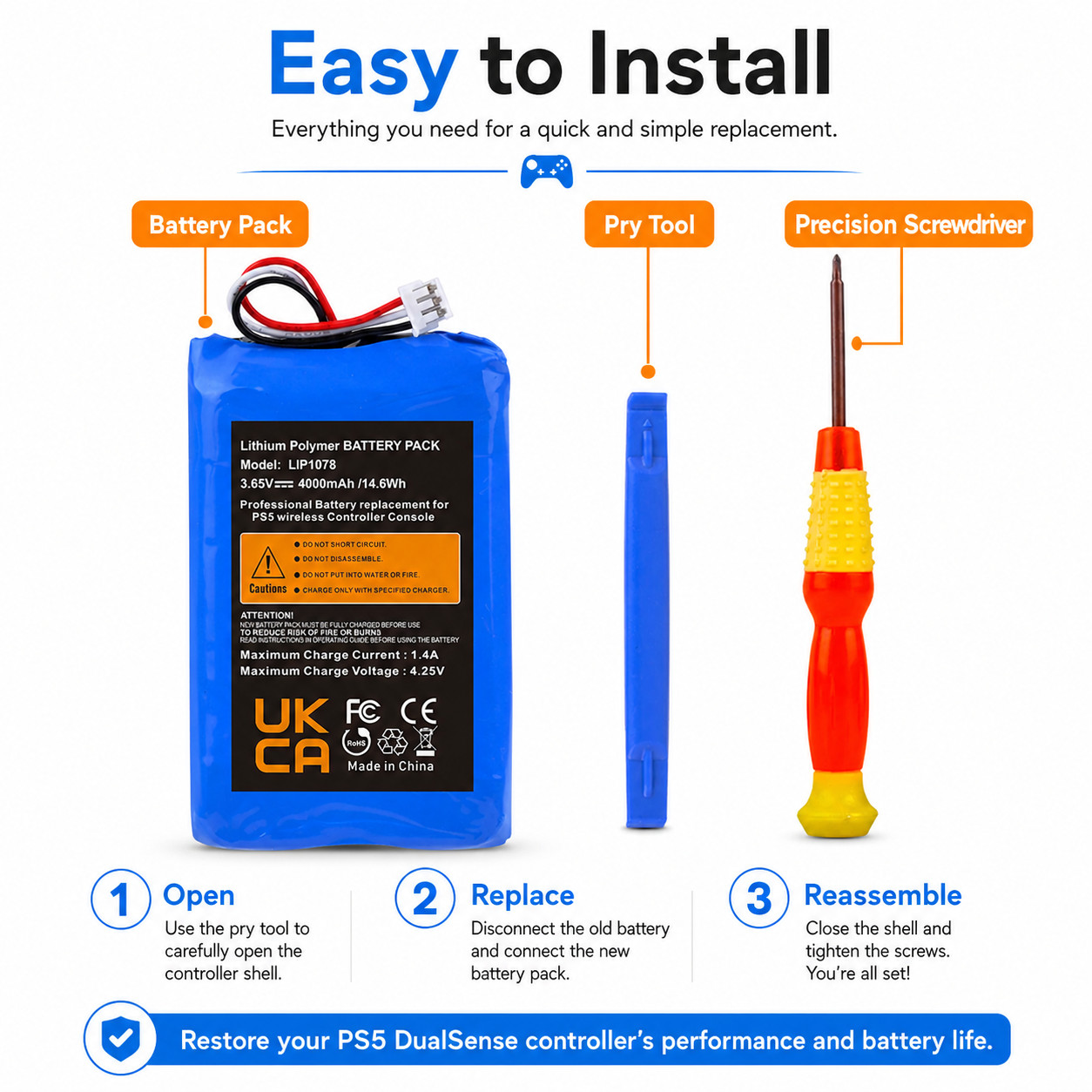 4000mAh Battery Replacement for Sony Playstation 5 Dualsense Controller w/ Tools