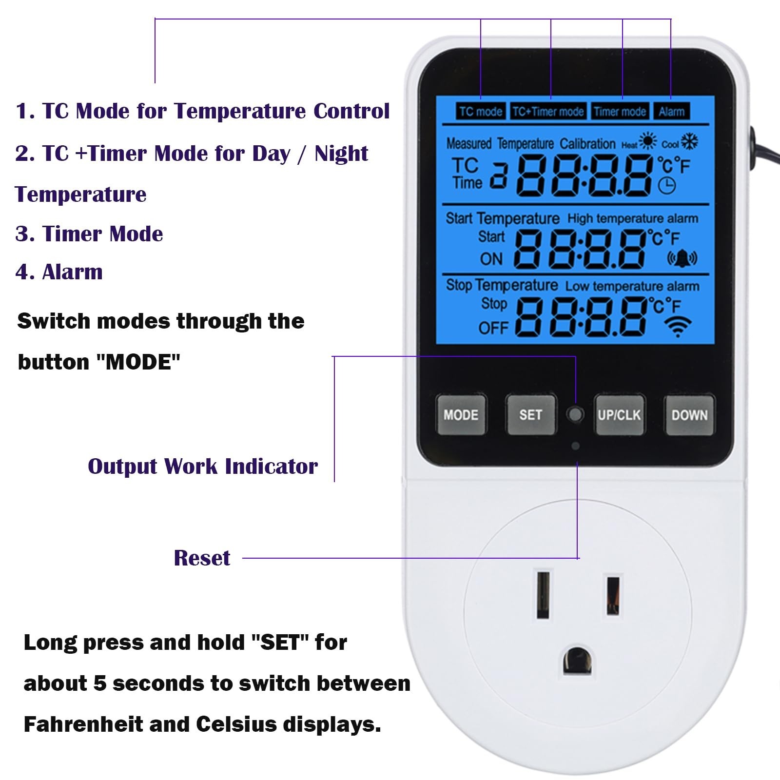 Digital Day Night Thermostat Outlet Plug with Timer, Heating Cooling Multi Pe...