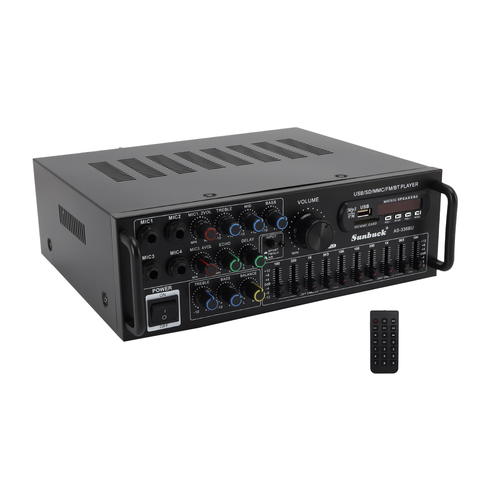 SUNBUCK 400W RMS 2000W Peak Stereo Amp BT 5.0 USB/SD FM Mic Inputs Home Car