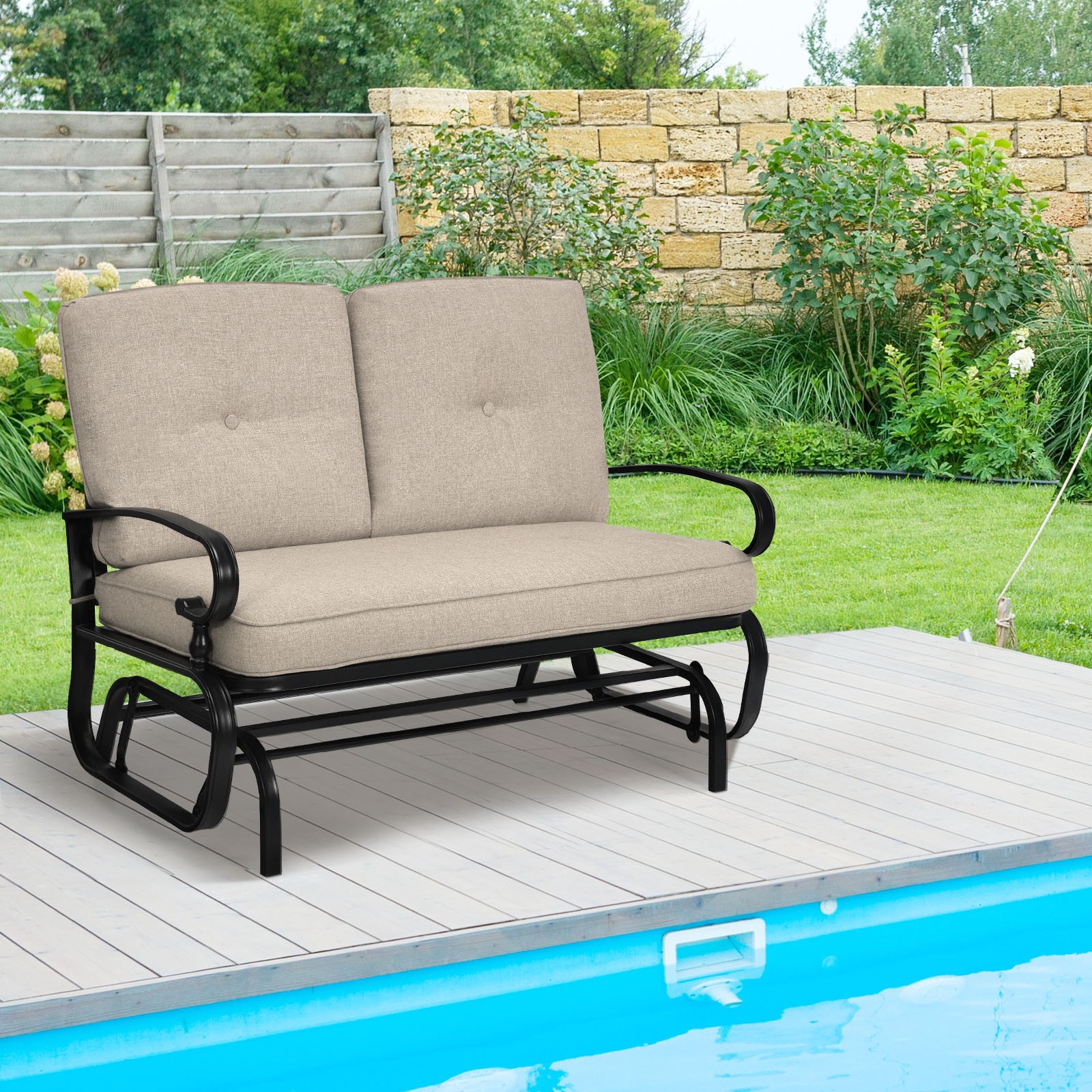 Double Glider 2 Person Patio Bench Loveseat Cushioned Seat Steel Frame Furni