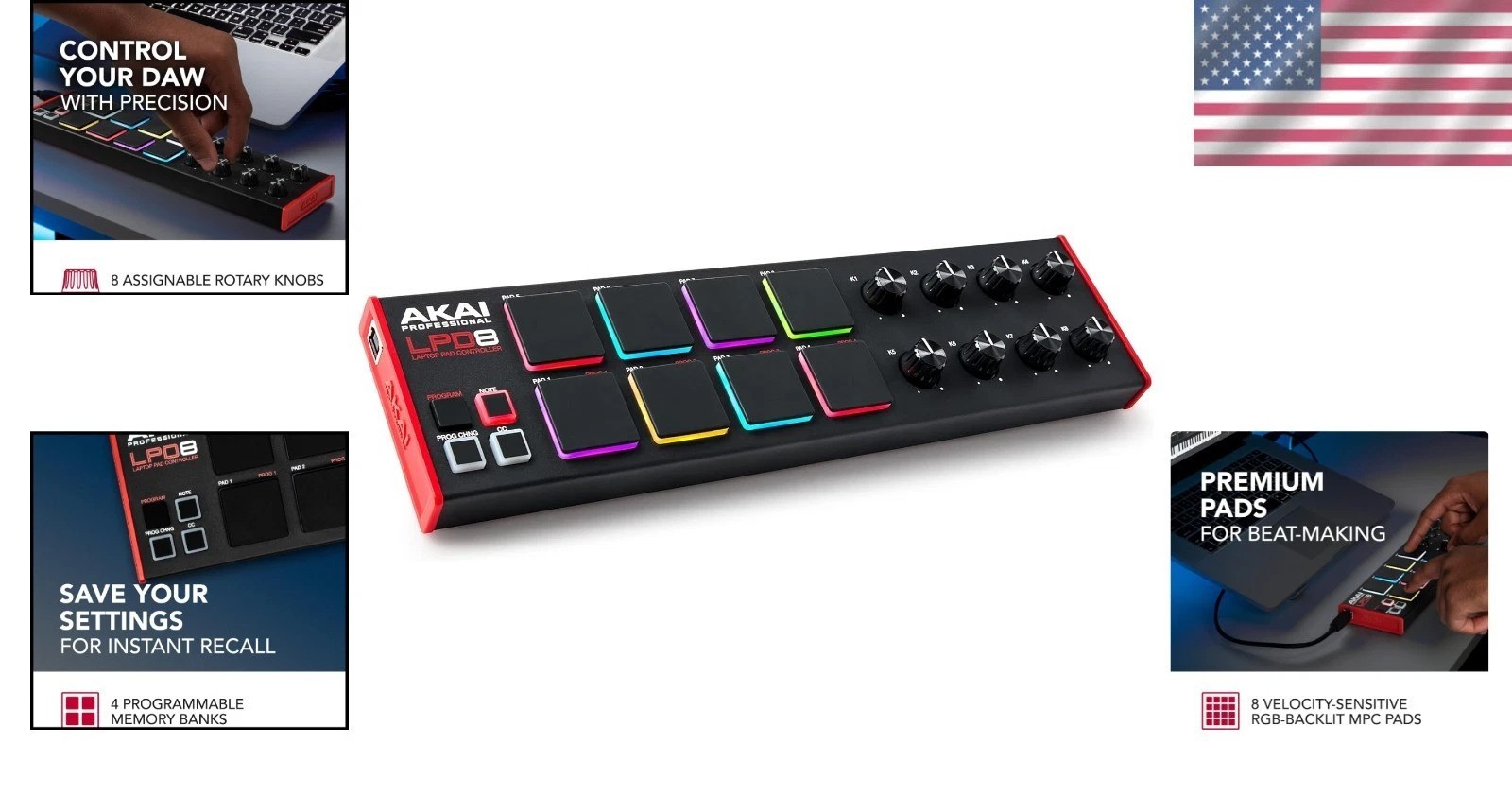 Portable USB MIDI Controller with RGB Pads & Adjustable Knobs for Music Produ...