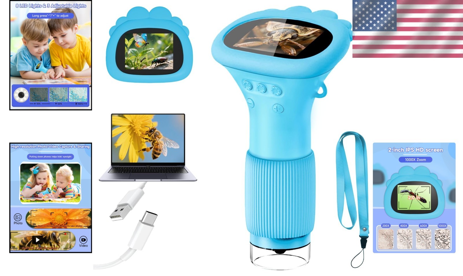 1000X Kids Handheld Digital Microscope – 2” HD Screen, Portable Fun for Ages ...