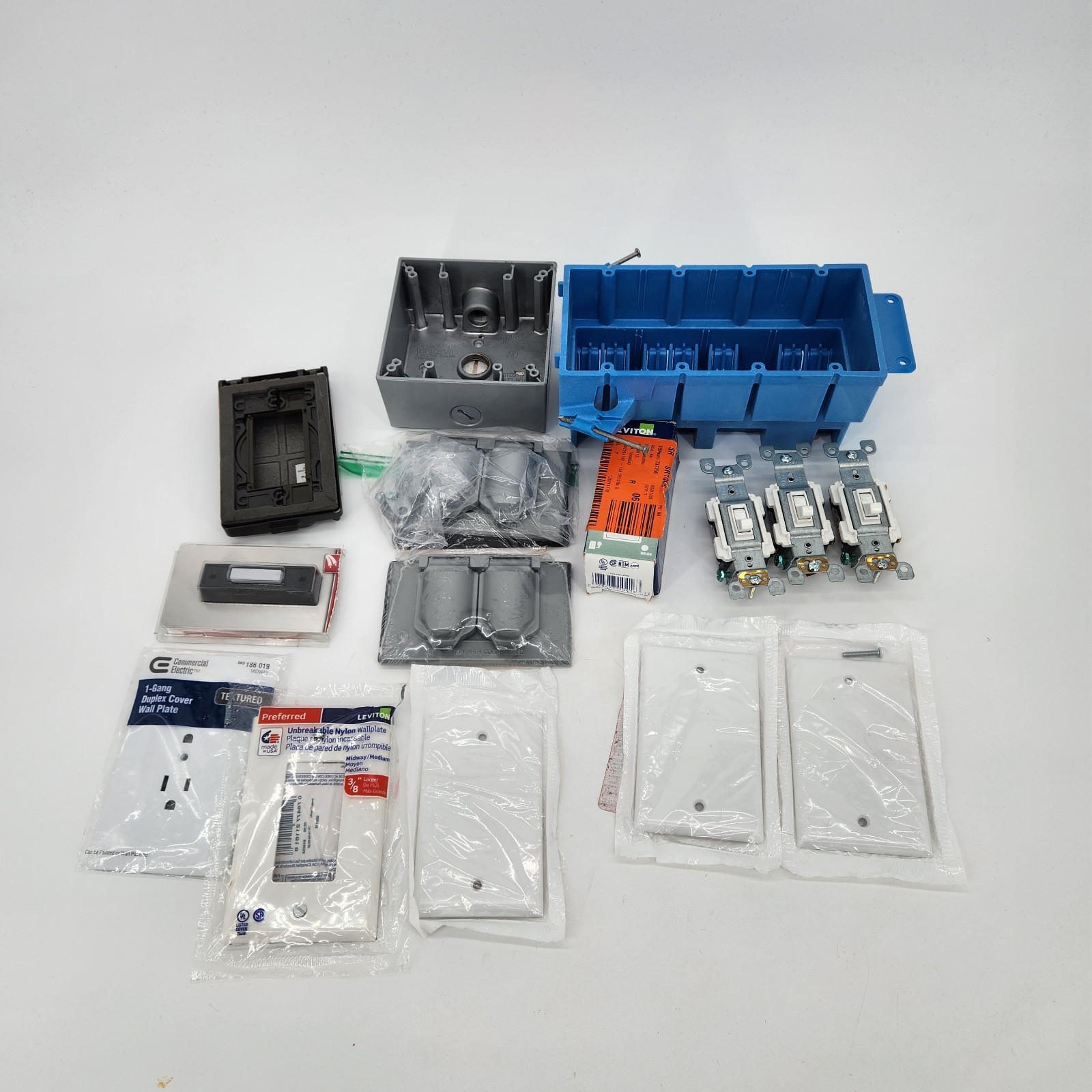 Assorted Electrical Supplies Lot - Fixture Boxes, Switches, Outlets, Plates