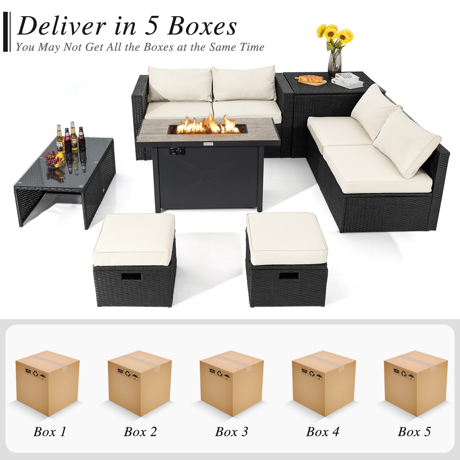 9PCS Patio Rattan Furniture Set Space Saving 42” Fire Pit Table Cover Off White
