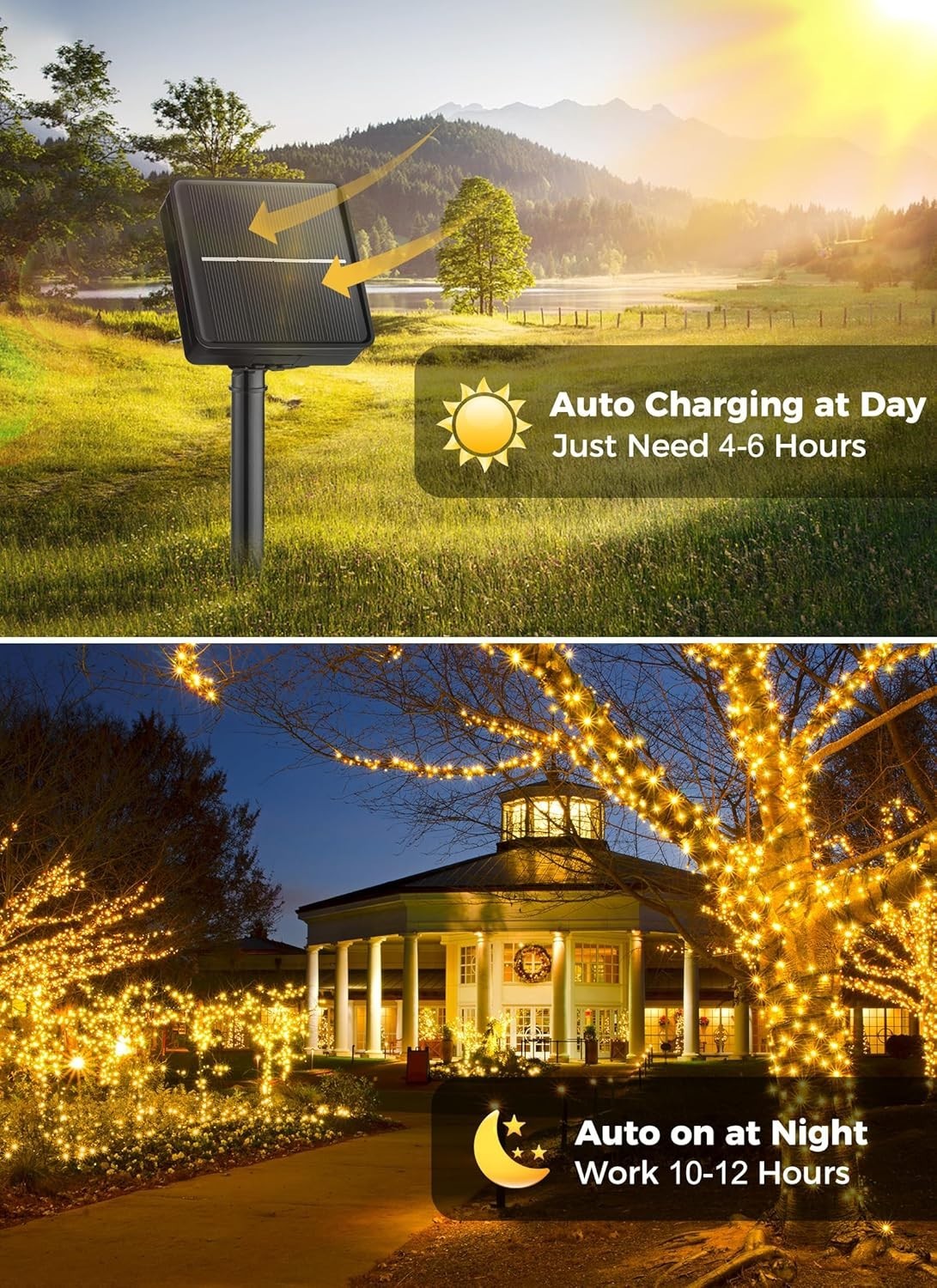 40 FT Solar String Lights - 100 LED, Waterproof, 8 Modes, Warm White Decor
