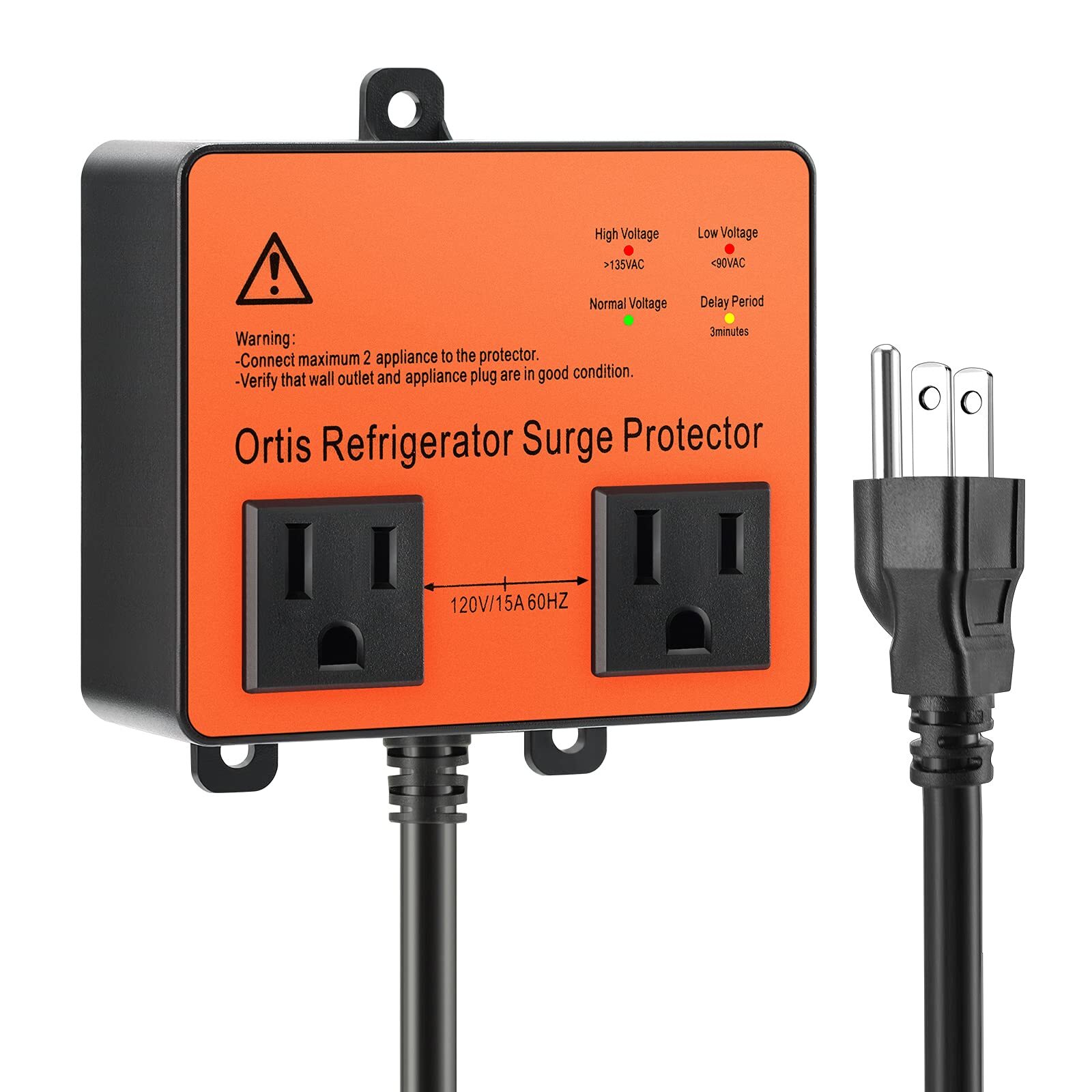 Double Outlet Refrigerator Surge Protector - Time Delay & Voltage Spike Prote...