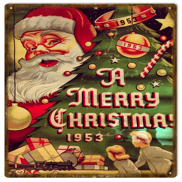1953 SANTA MERRY CHRISTMAS 12" SQUARE HEAVY DUTY USA MADE METAL HOME DECOR SIGN